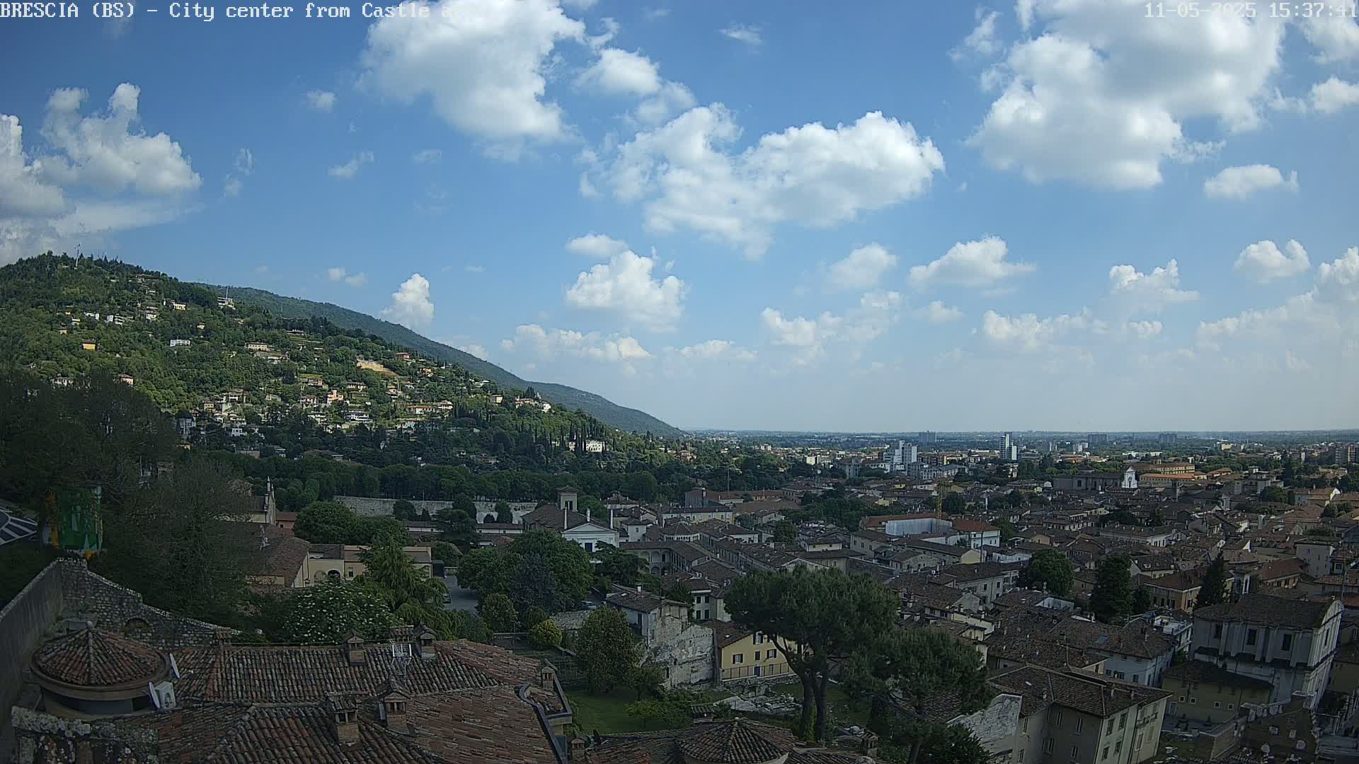 A partly cloudy sky overlooks a sprawling city nestled against a green hillside.
