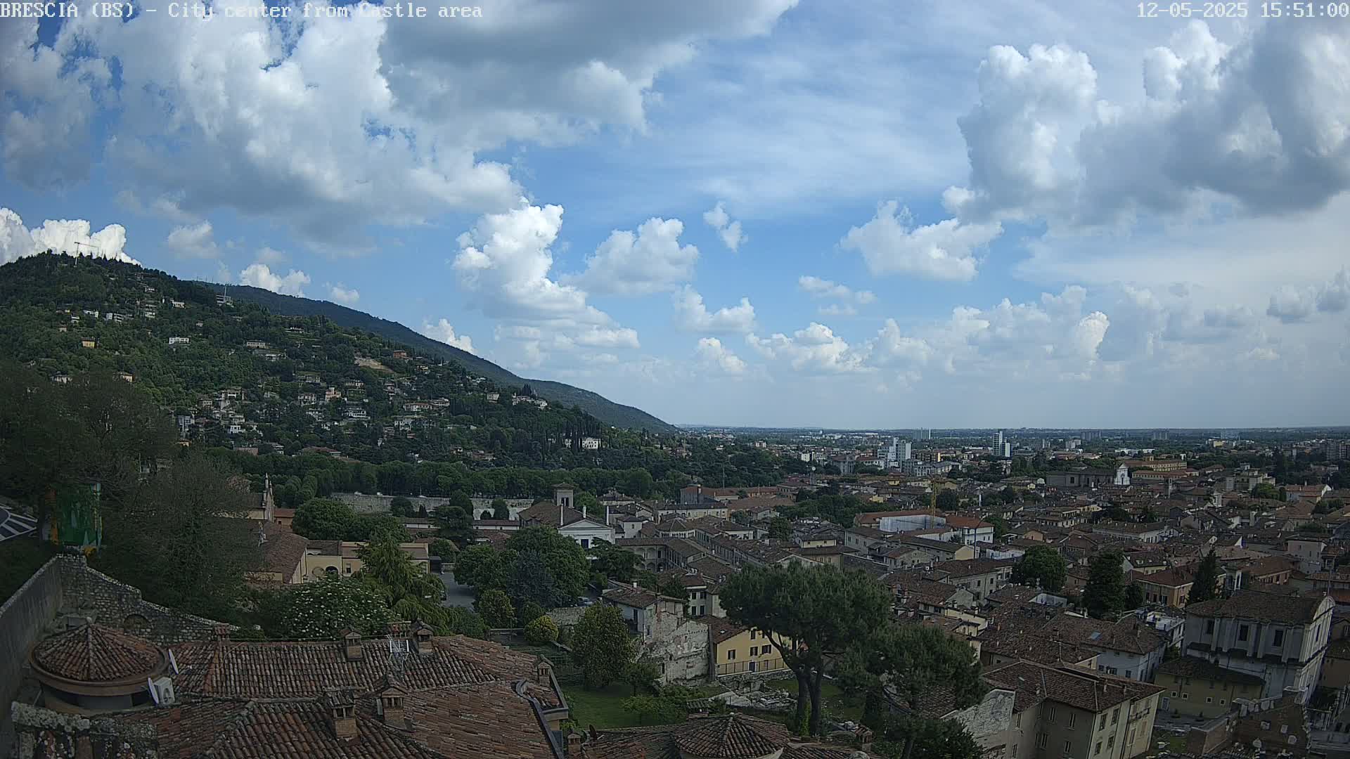 A sprawling city nestled against a verdant hillside under a partly cloudy sky.