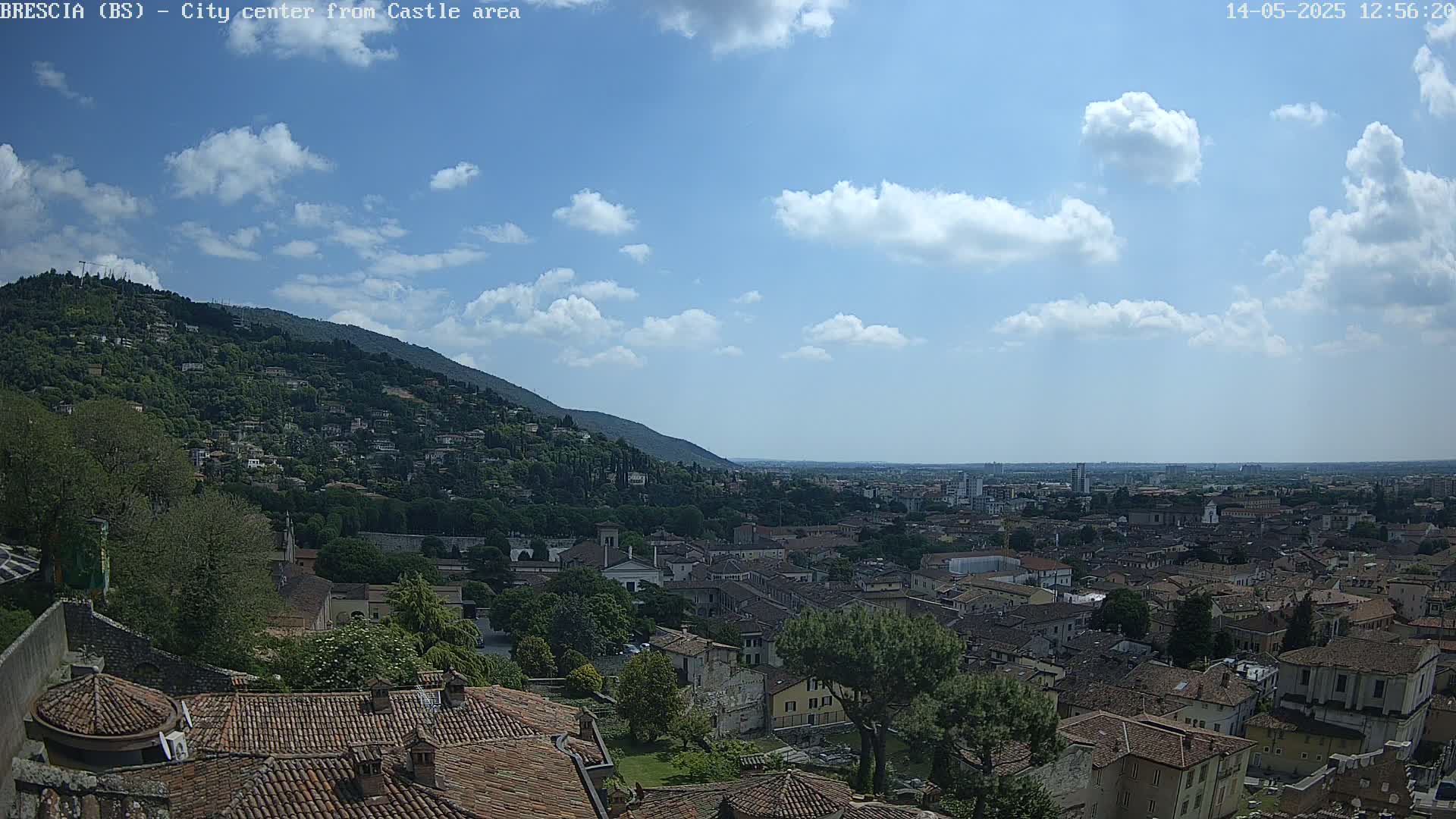 A partly cloudy sky overlooks a sprawling city nestled against a verdant hillside.