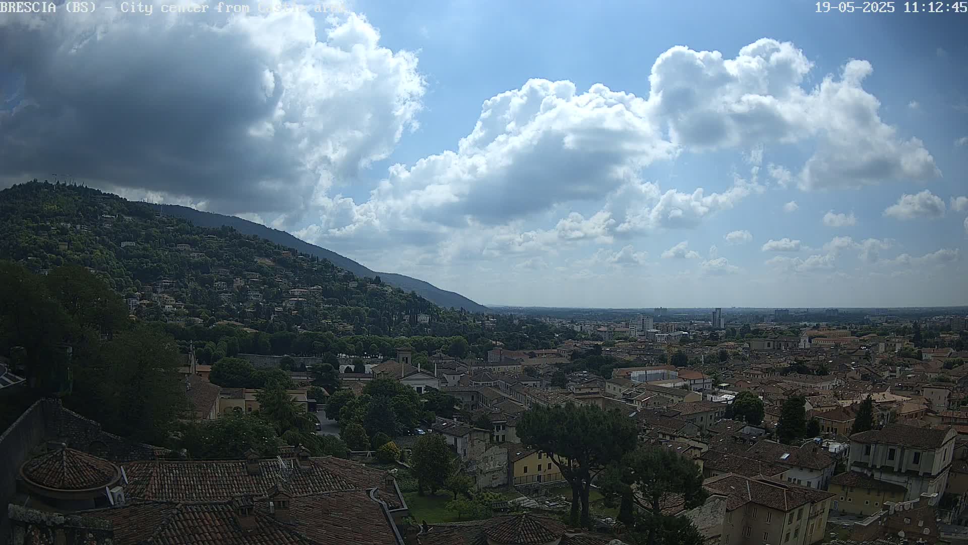 A partly cloudy sky overlooks a sprawling city nestled against a green hill.
