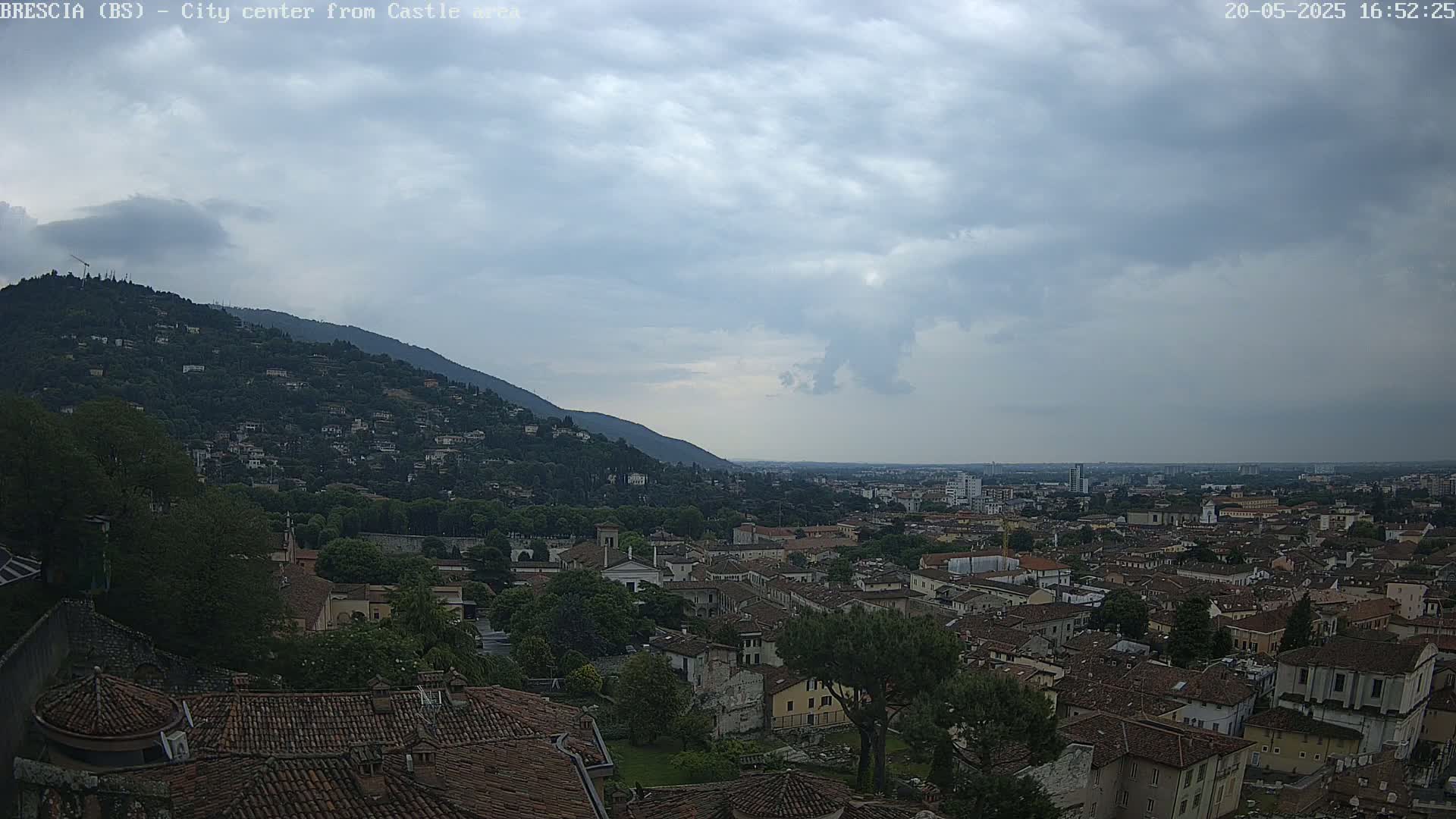 A city sprawls beneath a hill, under a cloudy sky.