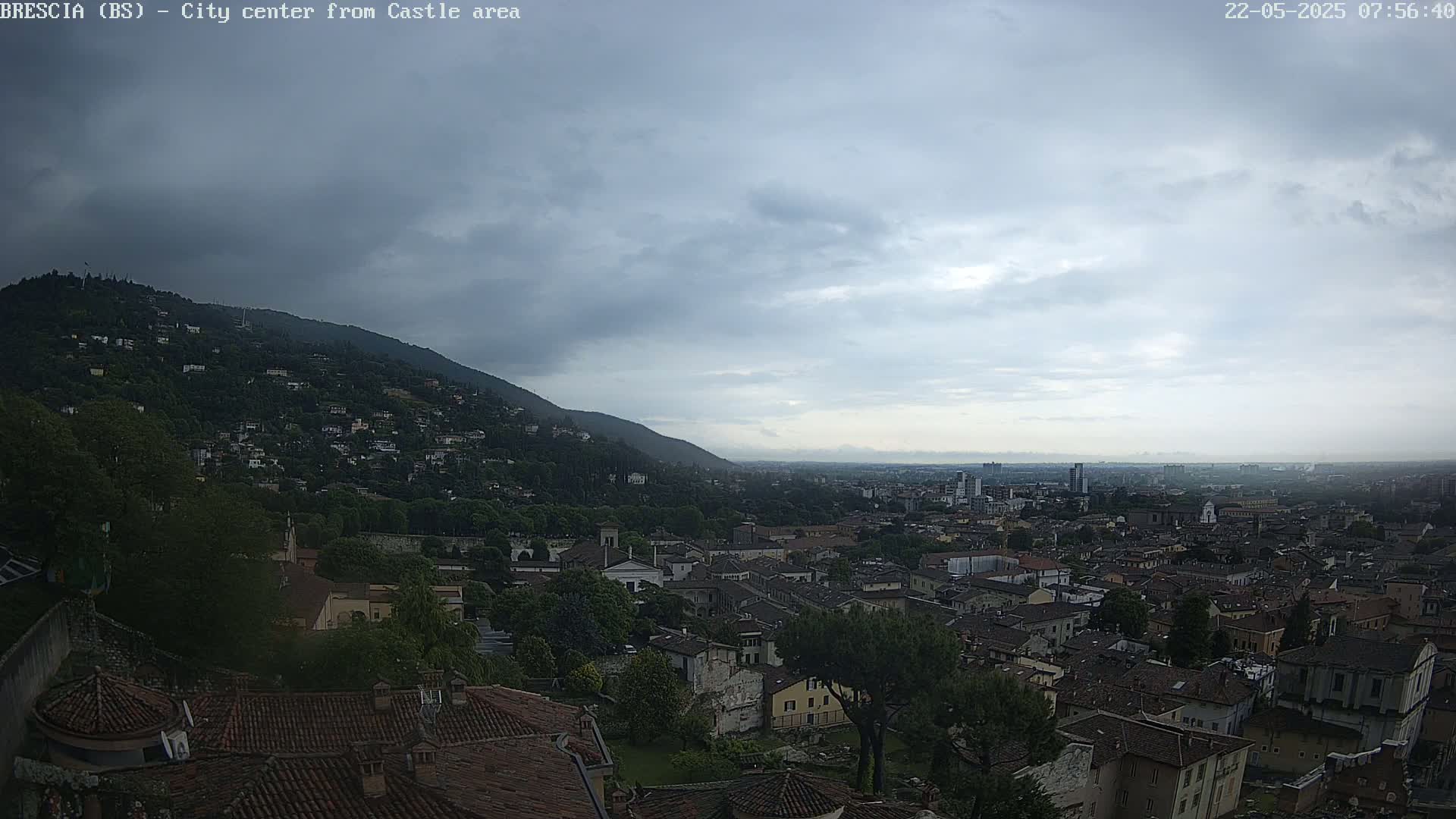 A sprawling city under a cloudy sky is seen from a hilltop, with a mountain in the background.