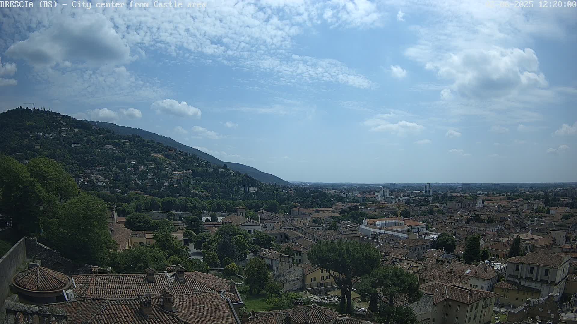 A sprawling city with red-tiled roofs nestled beneath a partly cloudy sky and a verdant hill.