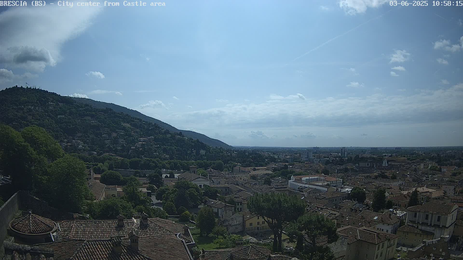 A partly cloudy sky overlooks a sprawling city nestled at the foot of a verdant hill.
