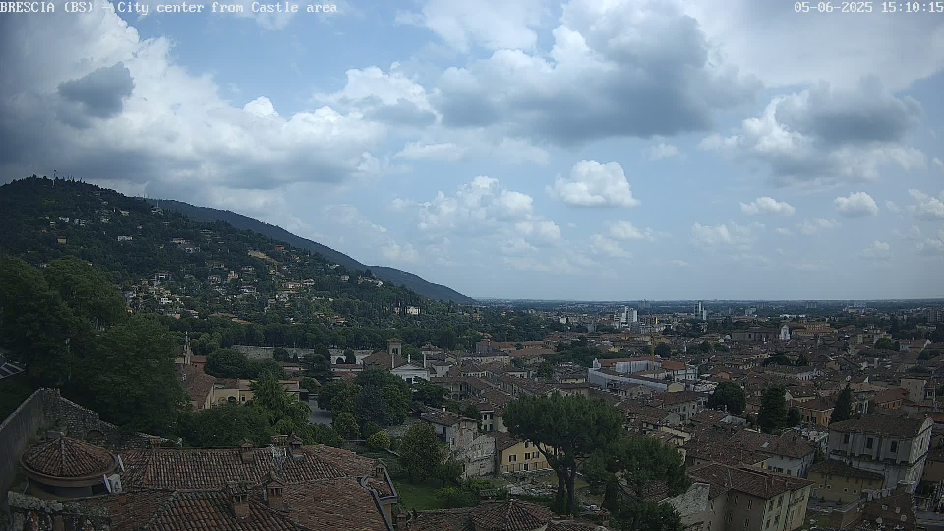 A partly cloudy day reveals a sprawling city nestled at the foot of a verdant hill, viewed from a high vantage point.