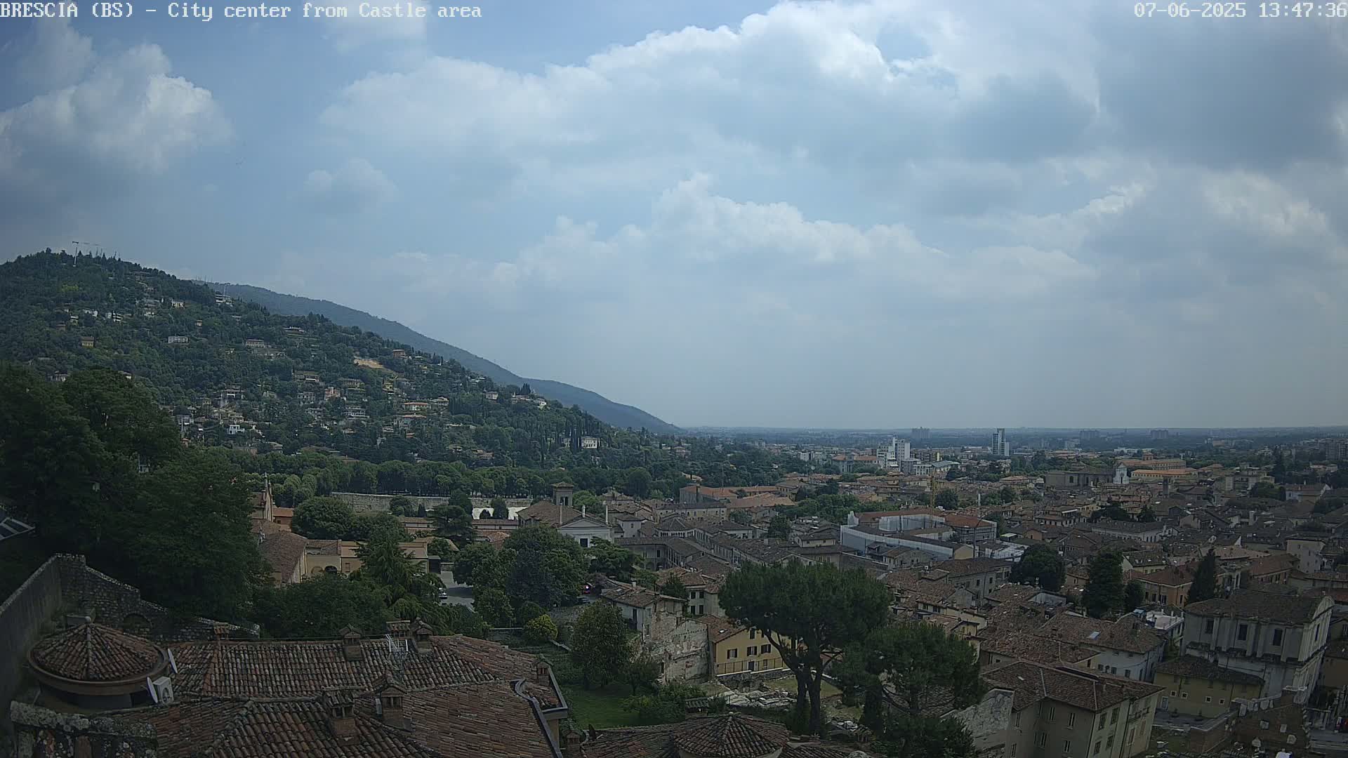A partly cloudy sky overlooks a sprawling city nestled against a green hillside.