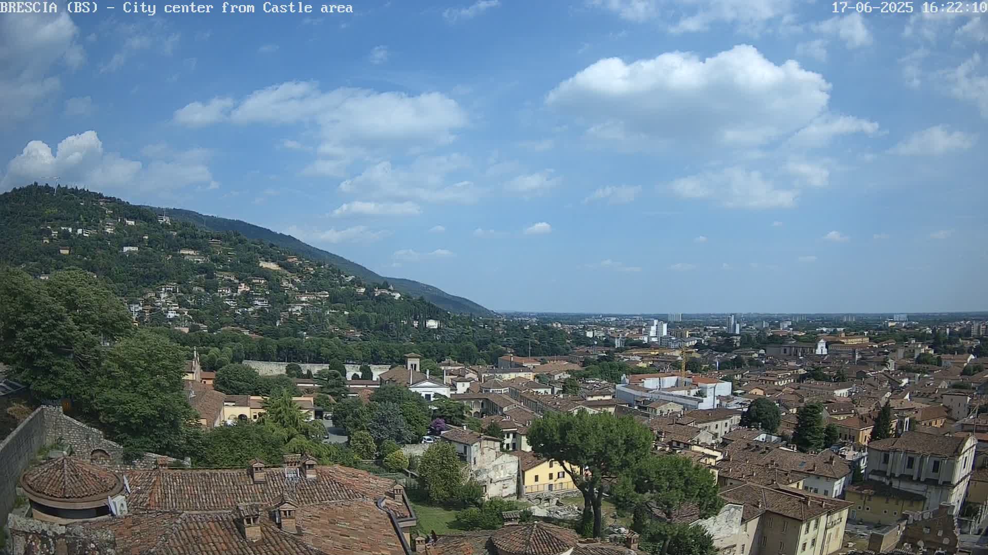A partly cloudy sky overlooks a sprawling city nestled beside a green hill, with terracotta rooftops dominating the foreground.