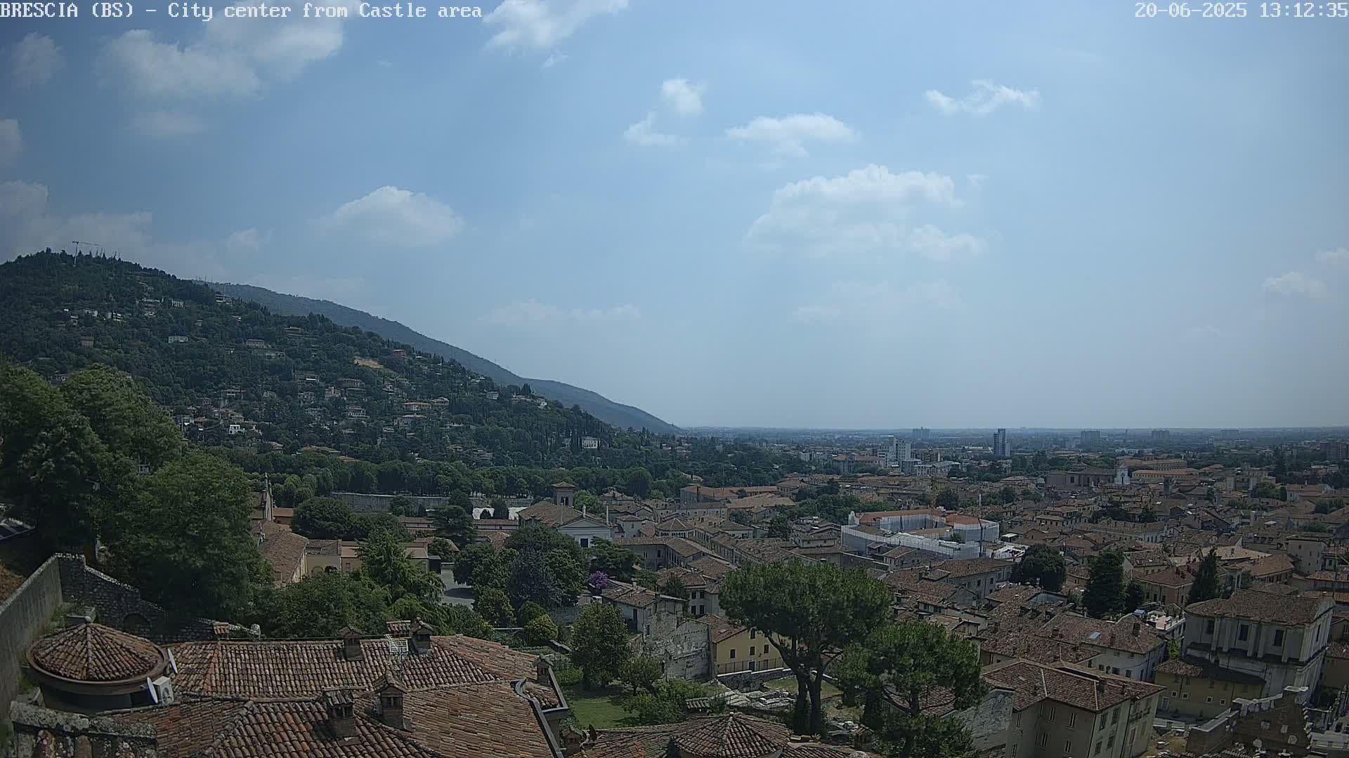 A partly sunny day reveals a sprawling city scene nestled between a verdant hill and a flat horizon.