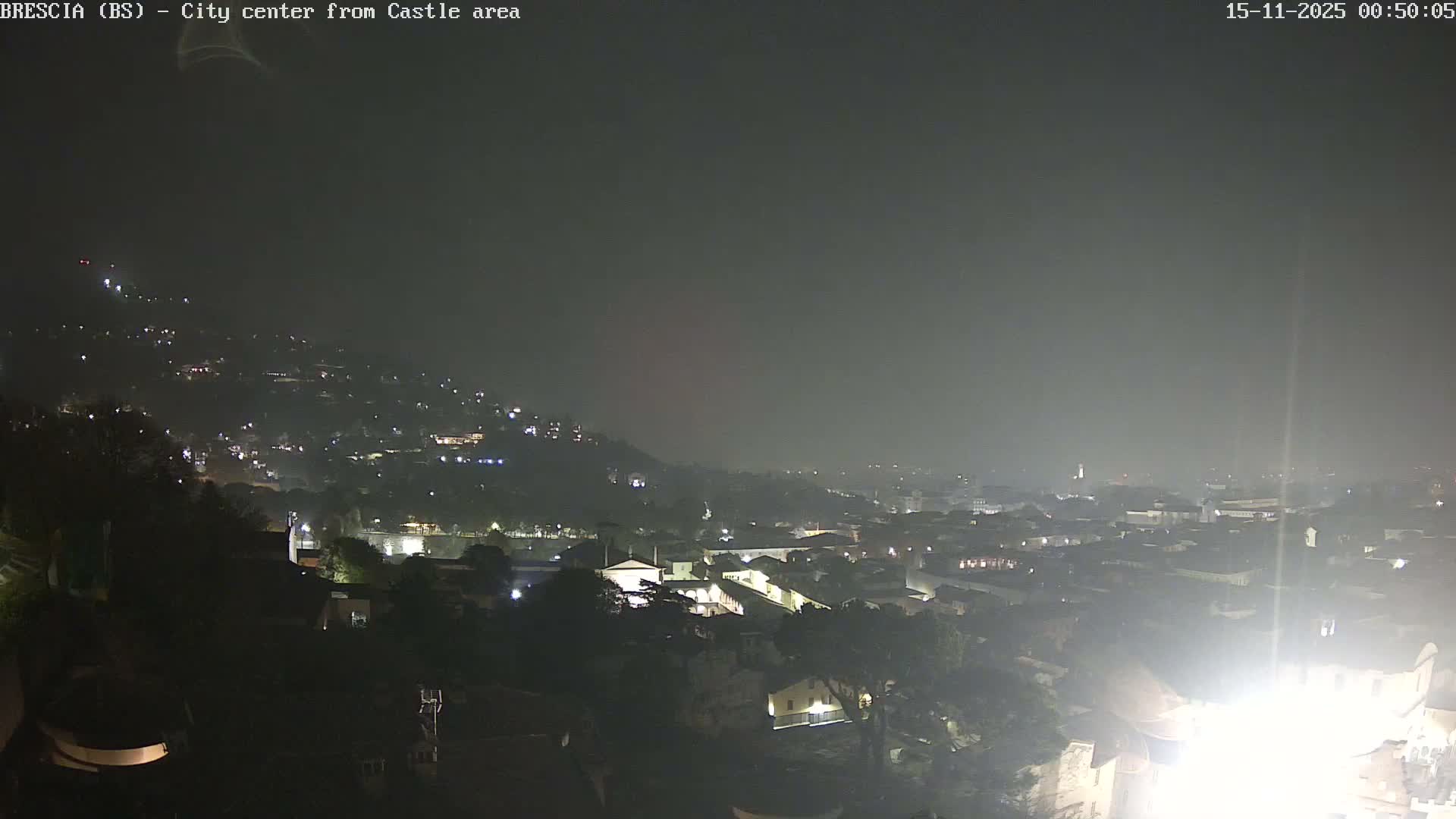 An elevated nighttime view reveals a sprawling city with numerous lights illuminating buildings and streets, all shrouded in a thick haze or fog.