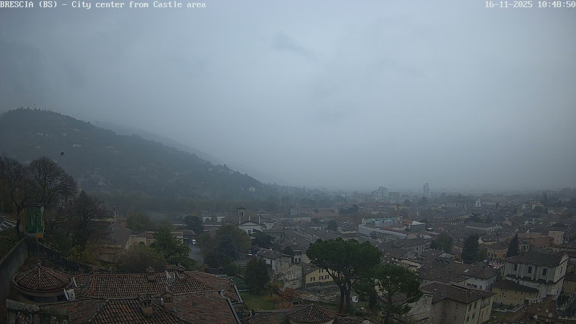 A sprawling city with numerous tiled rooftops and buildings stretches across the midground, backed by a large, fog-obscured hill, all bathed in the dim light of an overcast and hazy day.