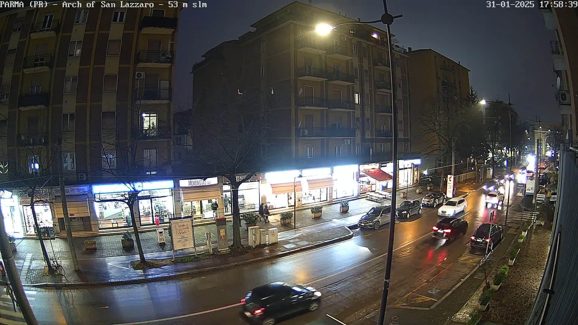 A wet, nighttime street scene shows several cars driving past stores and a multi-story building under streetlights.