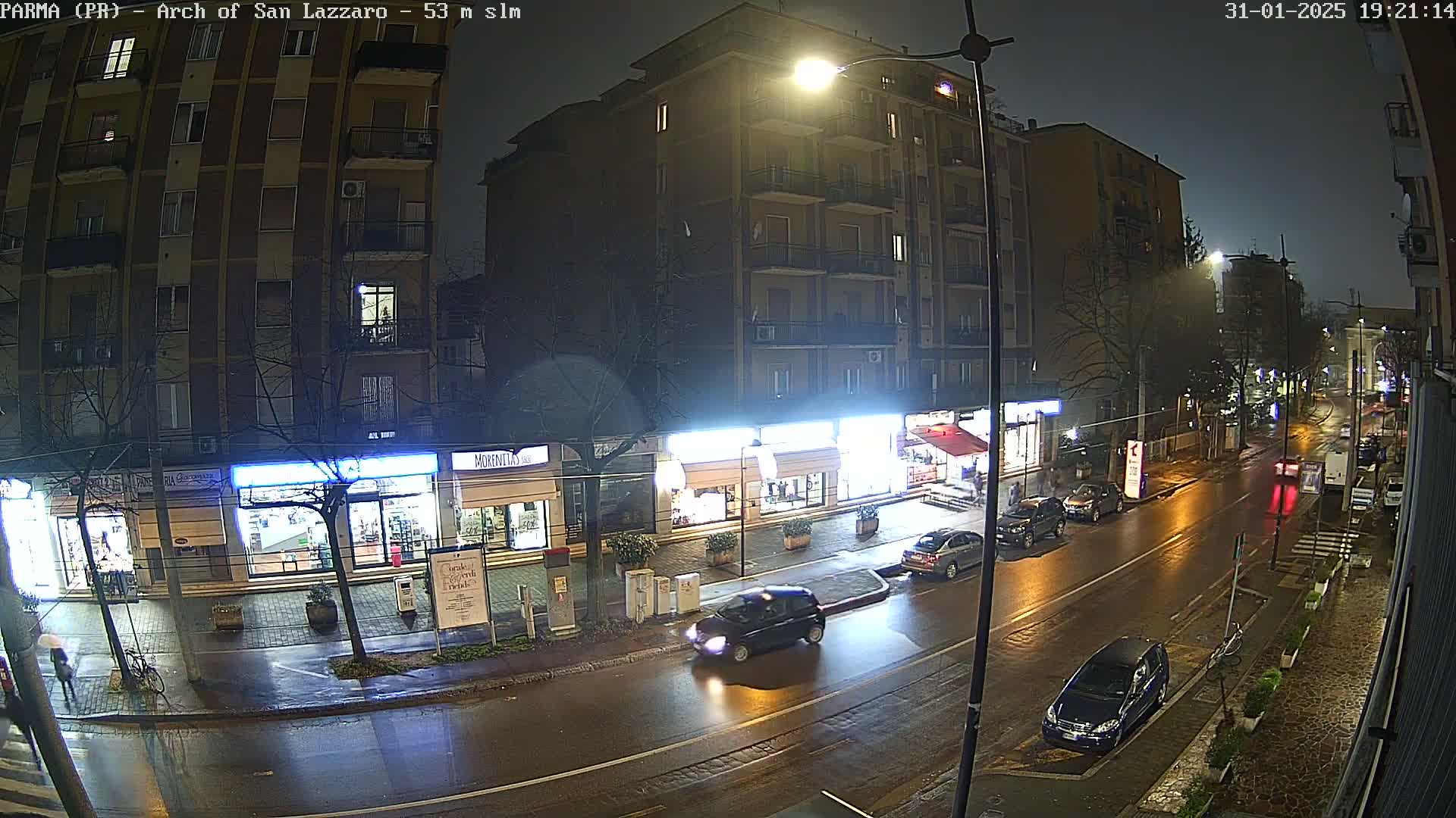A rain-slicked street at night, lined with shops and apartment buildings, shows several parked cars and a few cars driving.