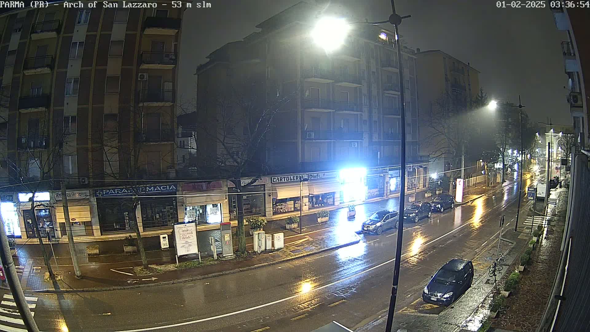 A rain-slicked city street at night, with cars parked along the side and a few cars driving on the wet road, illuminated by streetlights.