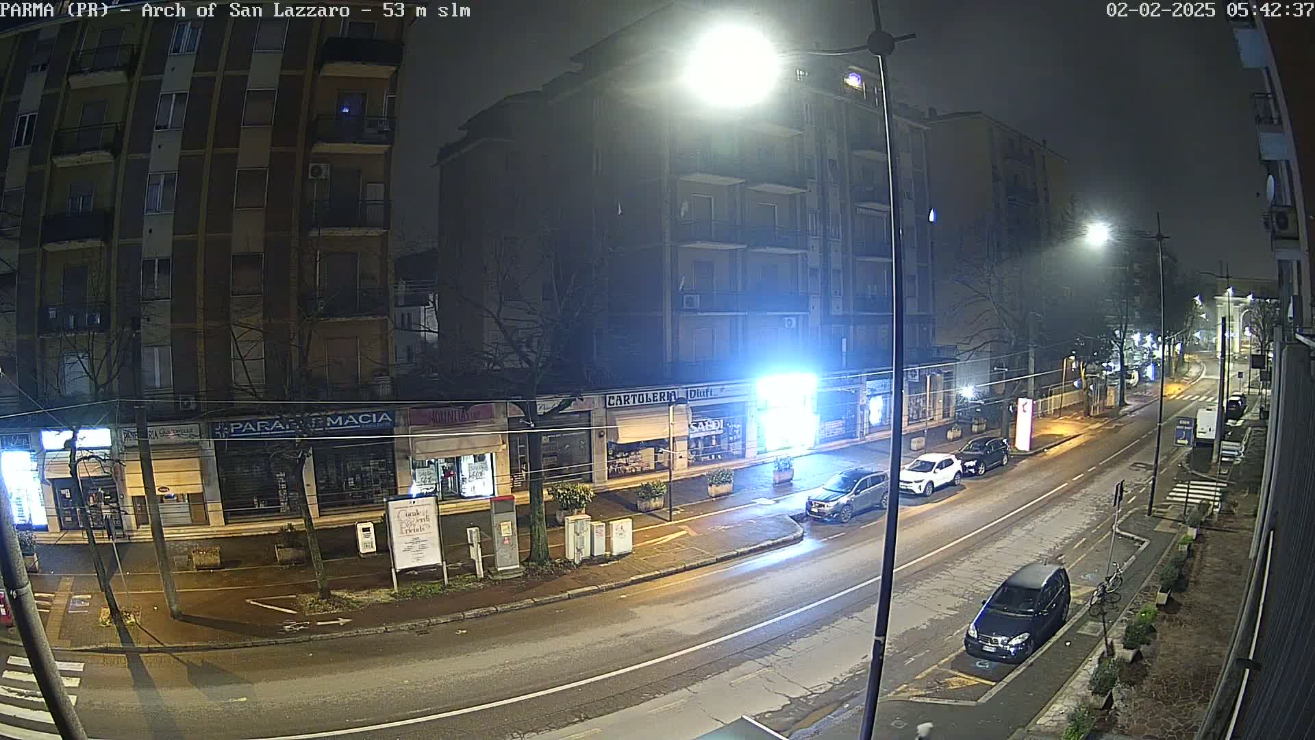 A nighttime street scene shows a wet road with several cars parked along the curb in front of shops and a multi-story building under bright streetlights.