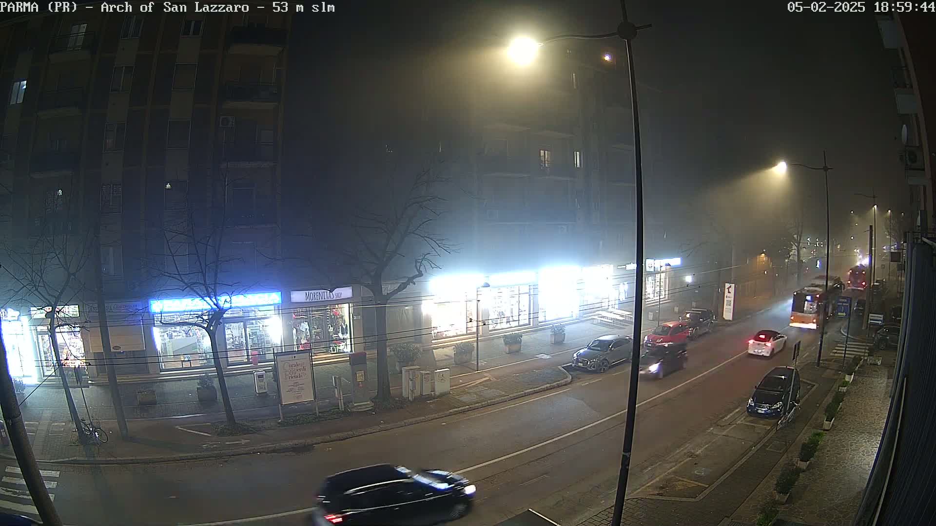 A foggy night scene shows a street with cars and a bus, lit by streetlights, in front of shops and buildings.