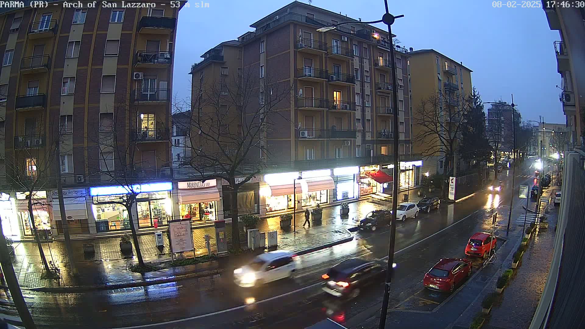 A rain-slicked city street at twilight, showing several cars driving past illuminated storefronts and a multi-story building.