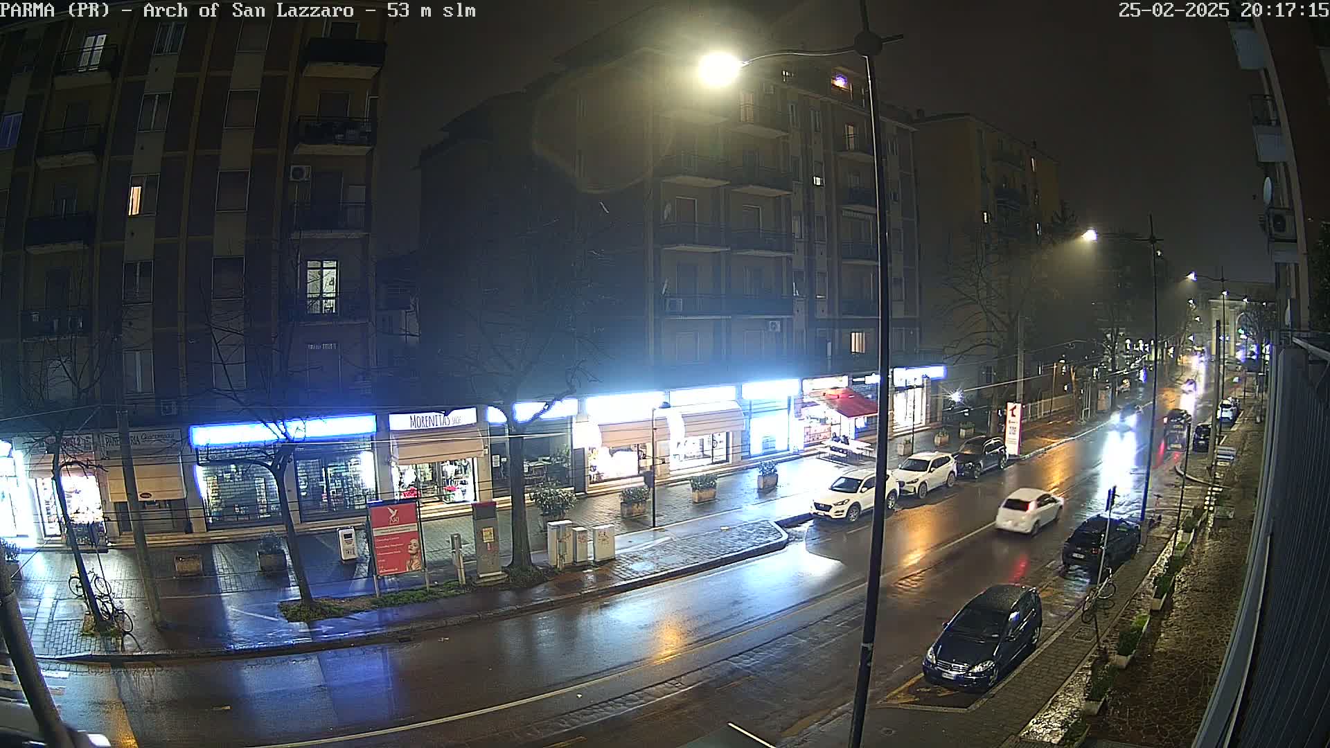 A wet, nighttime street scene shows several cars parked and driving past brightly lit storefronts under streetlights.