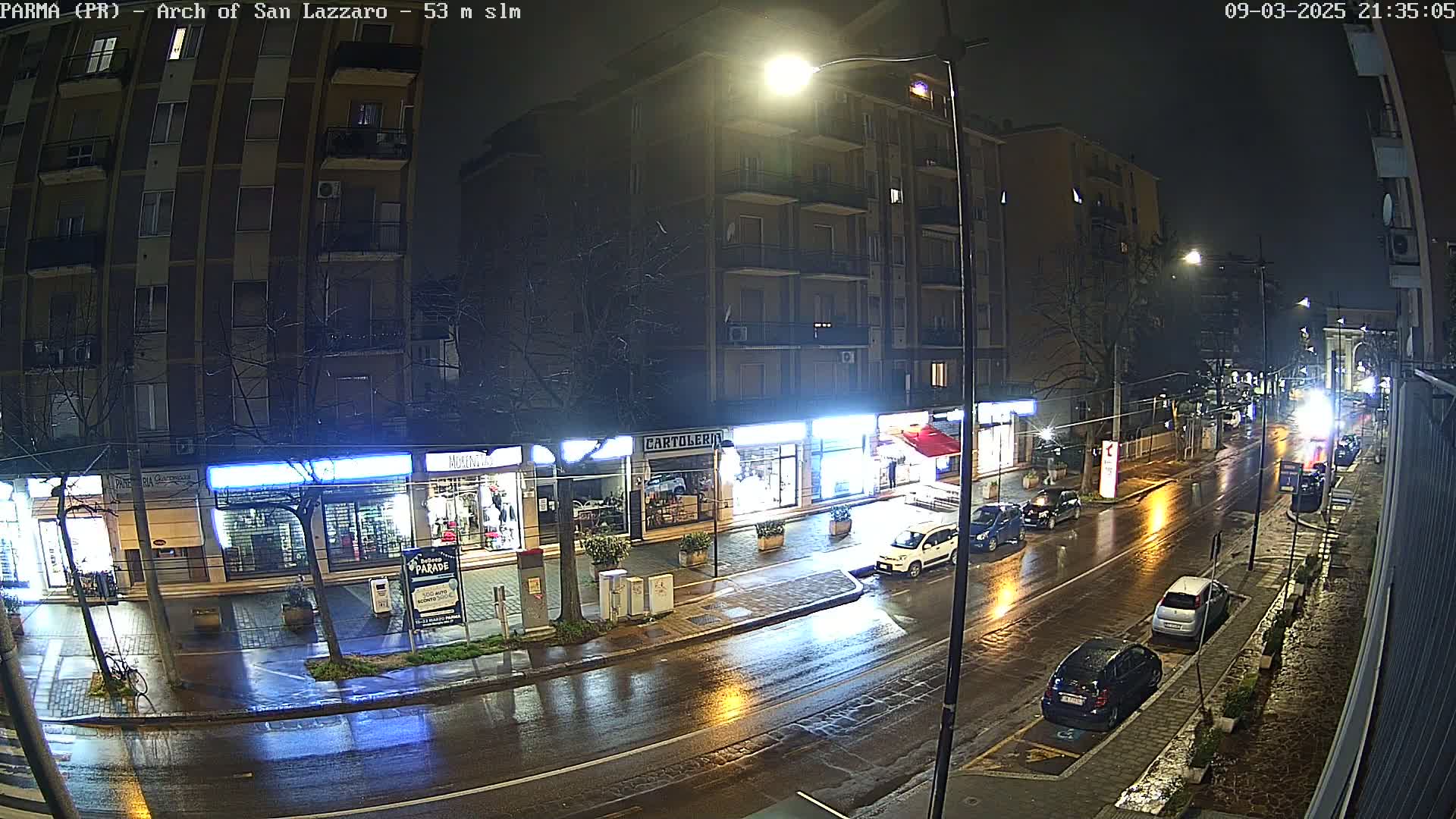 A rain-slicked street at night, lined with shops and buildings, shows several parked cars under streetlights.