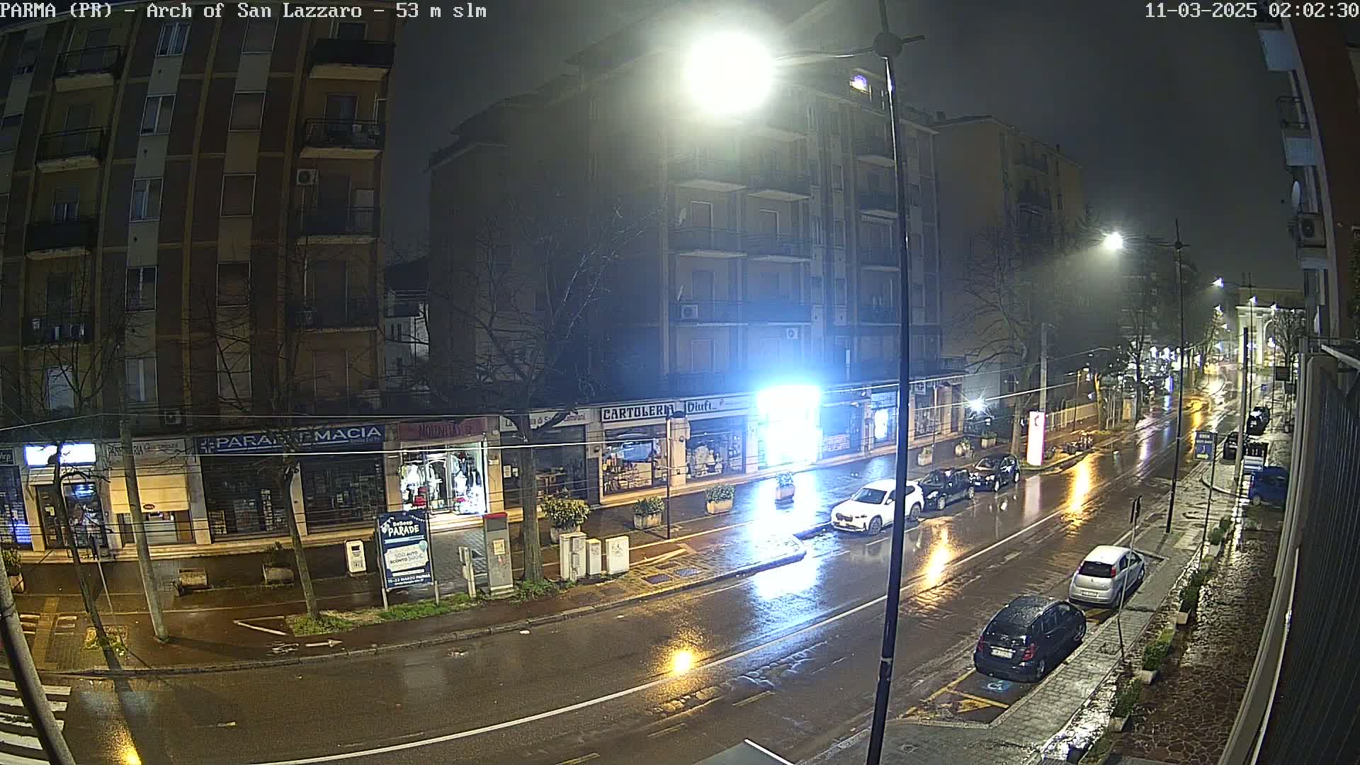 A rain-slicked street at night, lined with shops and apartment buildings, shows several cars parked along the curb under bright streetlights.