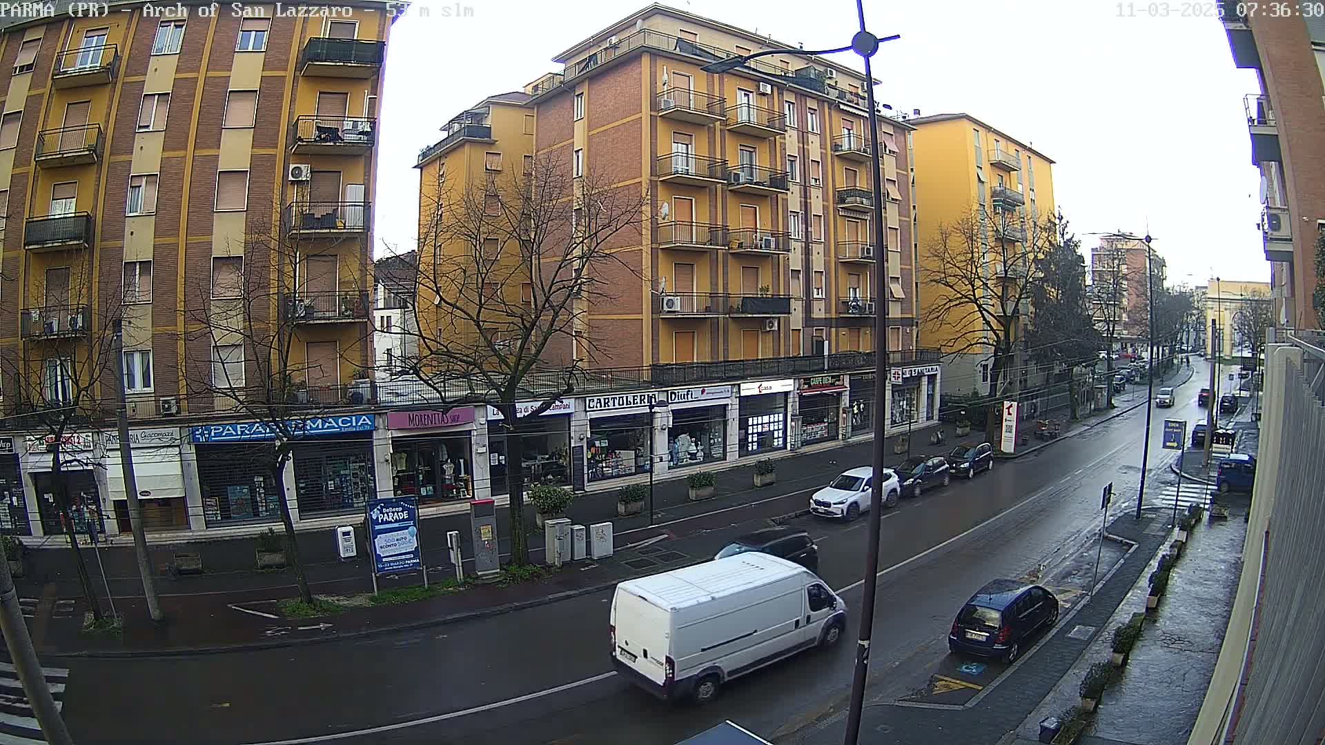 A wet city street scene shows several cars and a white van driving past a row of shops and multi-story buildings under a gray sky.
