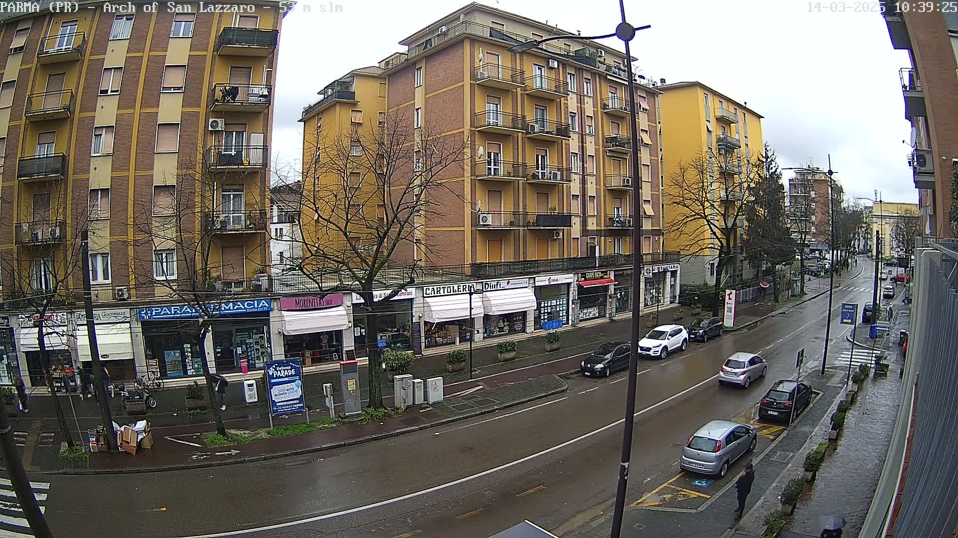 A wet city street scene shows several cars parked and driving past multi-story buildings and shops on a cloudy day.