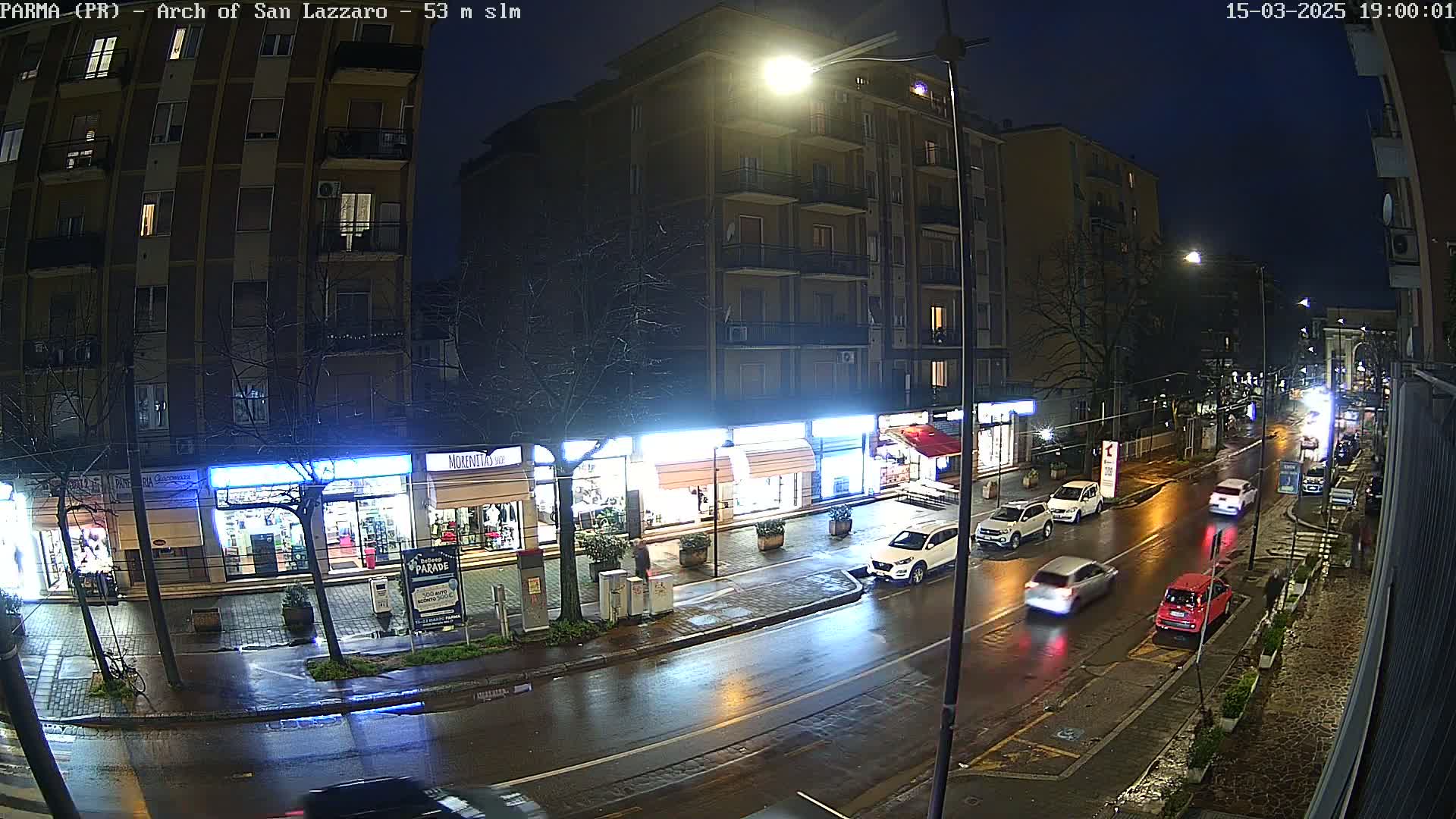 A wet, nighttime street scene shows several cars driving past illuminated storefronts under streetlights.
