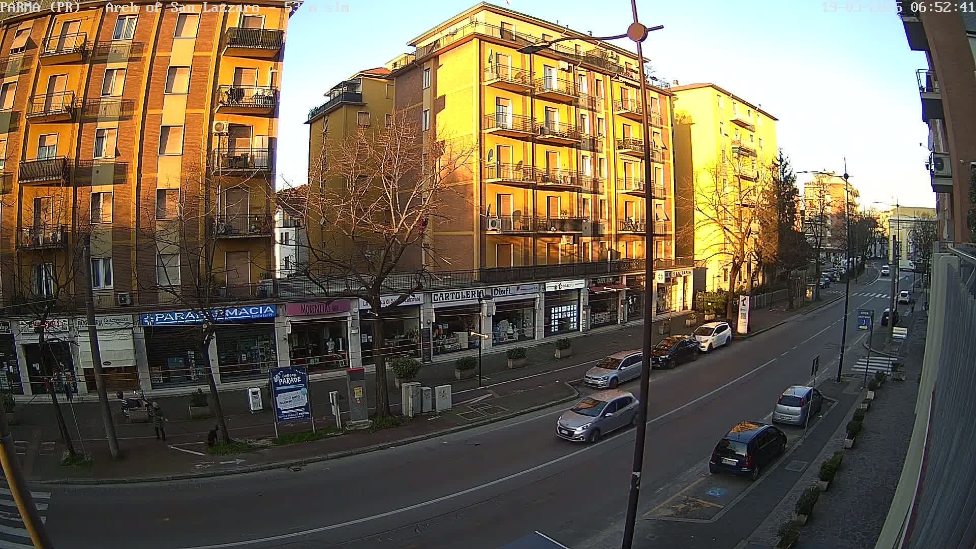 A sunny street scene shows several multi-story buildings, parked cars, and pedestrians near shops on a tree-lined road.