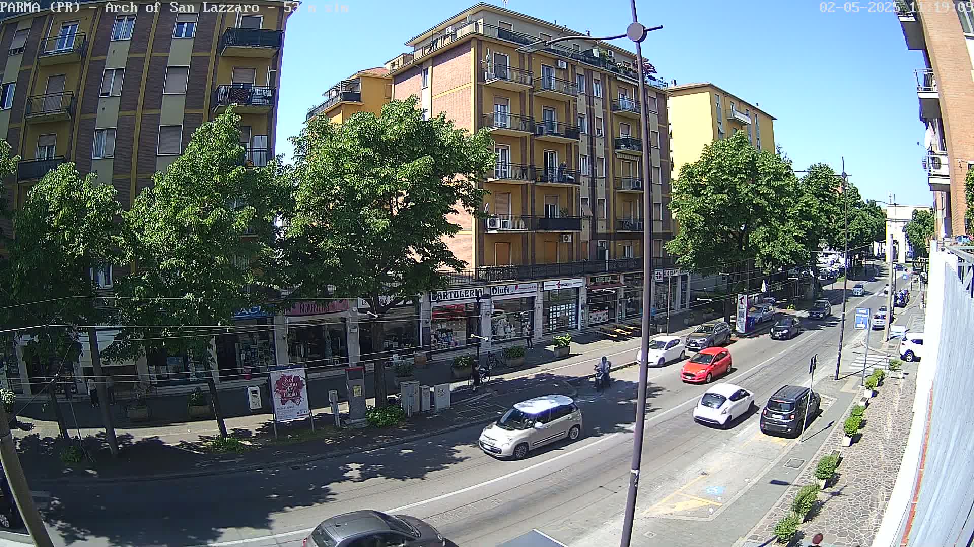 A sunny city street scene shows a multi-story building with shops on the ground floor, lined with trees, and cars driving on the road in front.
