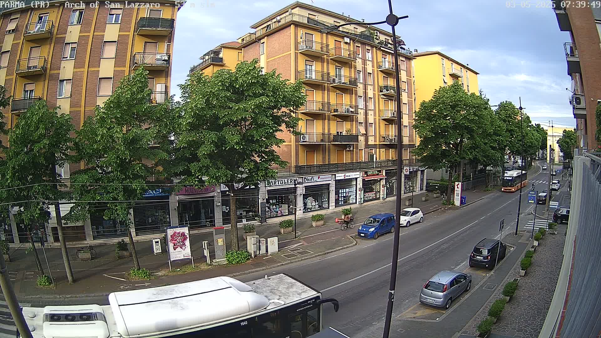 A city street scene under partly cloudy skies shows a multi-story building, shops, parked cars, and a bus, with several pedestrians visible.