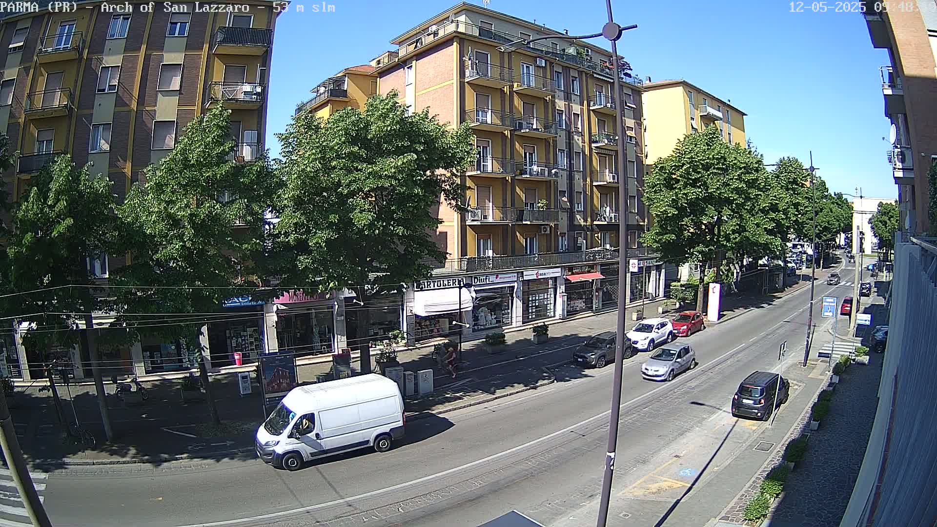 A sunny day on a city street, with several cars parked and driving past multi-story buildings, and lush green trees lining the sidewalks.