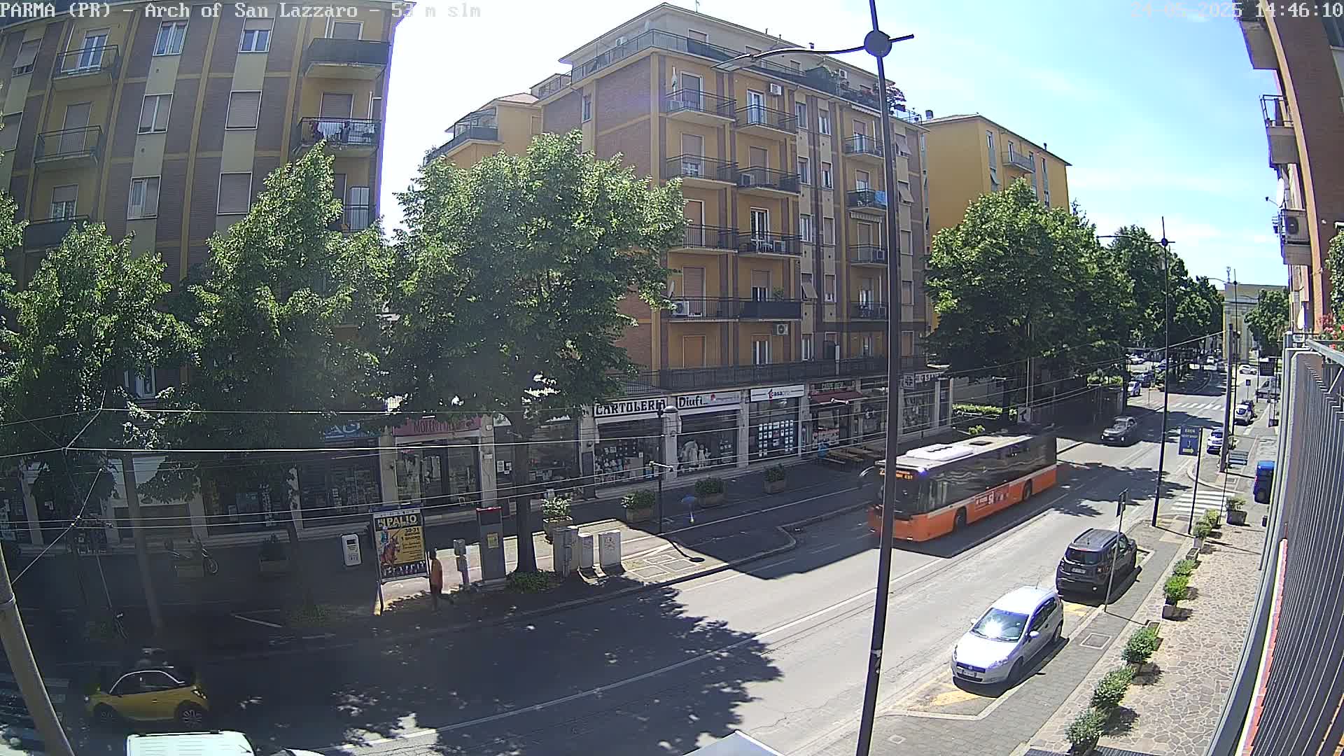 A sunny street scene shows a multi-story building with shops on the ground floor, several cars parked along the curb, a bus driving down the road, and leafy green trees lining the street.