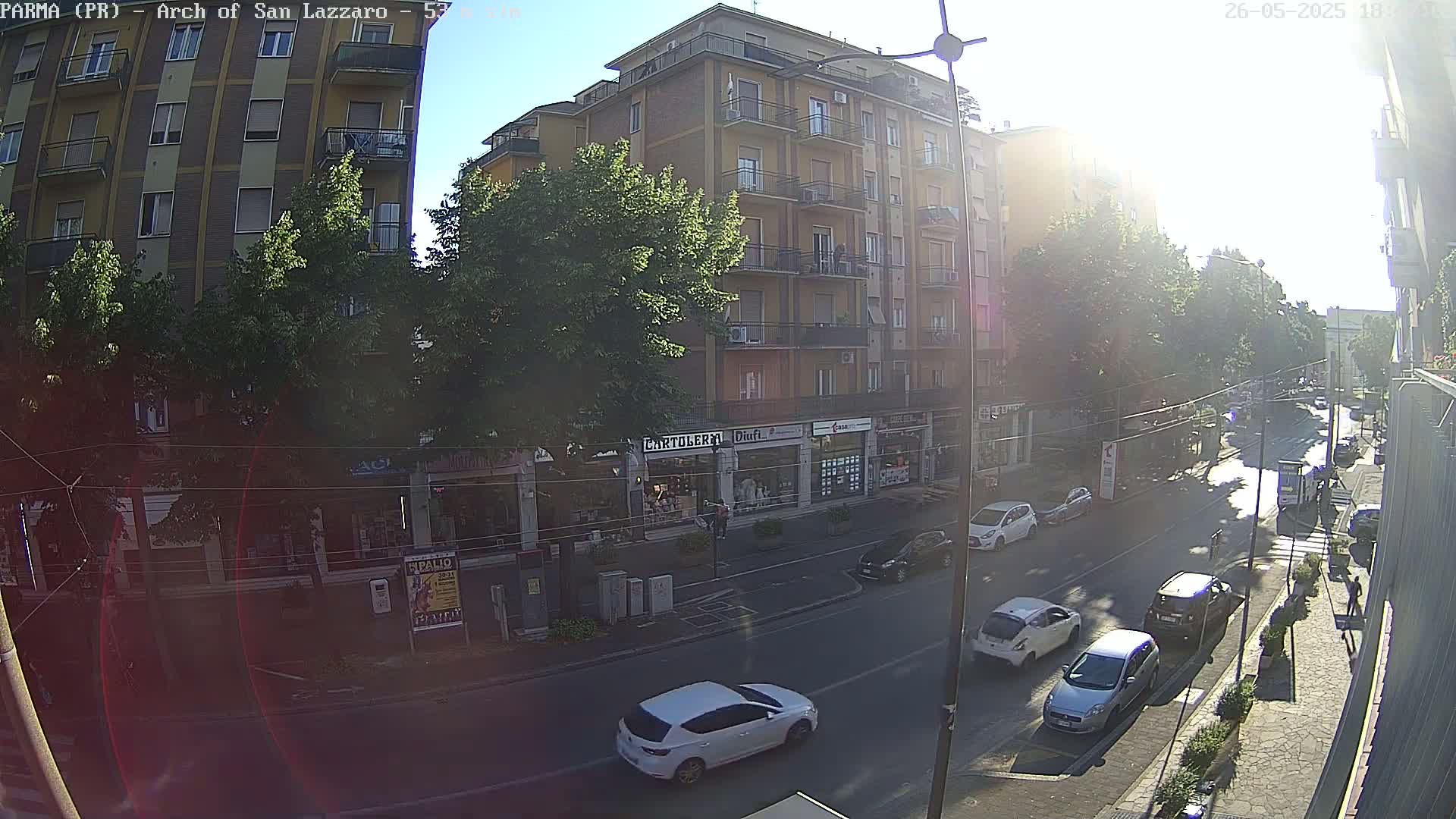 A sunny street scene shows a multi-story building, shops, and several cars parked and driving on a roadway with overhead wires.