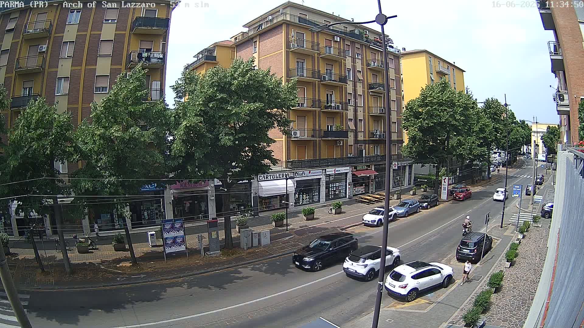 A sunny day shows a street scene with parked and moving cars in front of multi-story buildings and shops, lined with leafy trees.