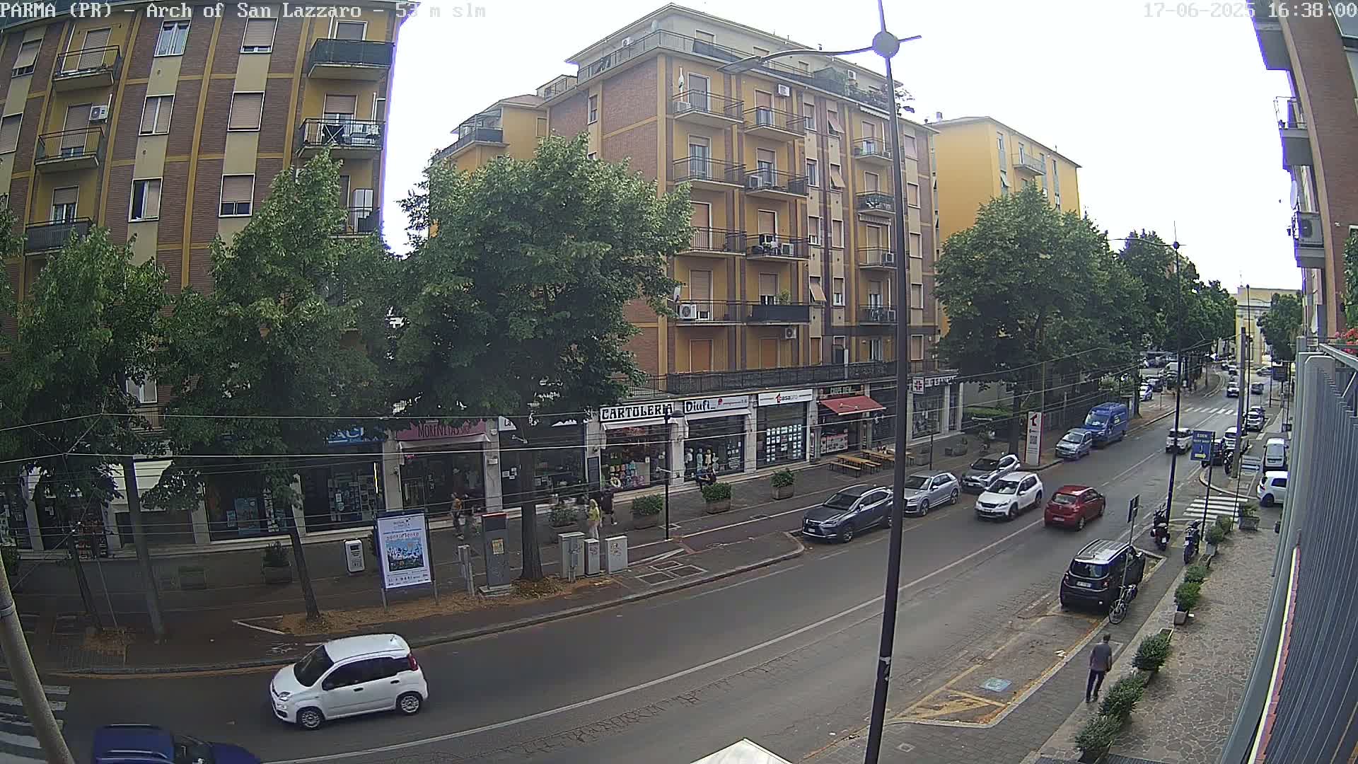 A street scene on an overcast day shows a multi-story building with shops on the ground floor, several cars parked and driving on the street in front of it, and pedestrians walking along the sidewalk.