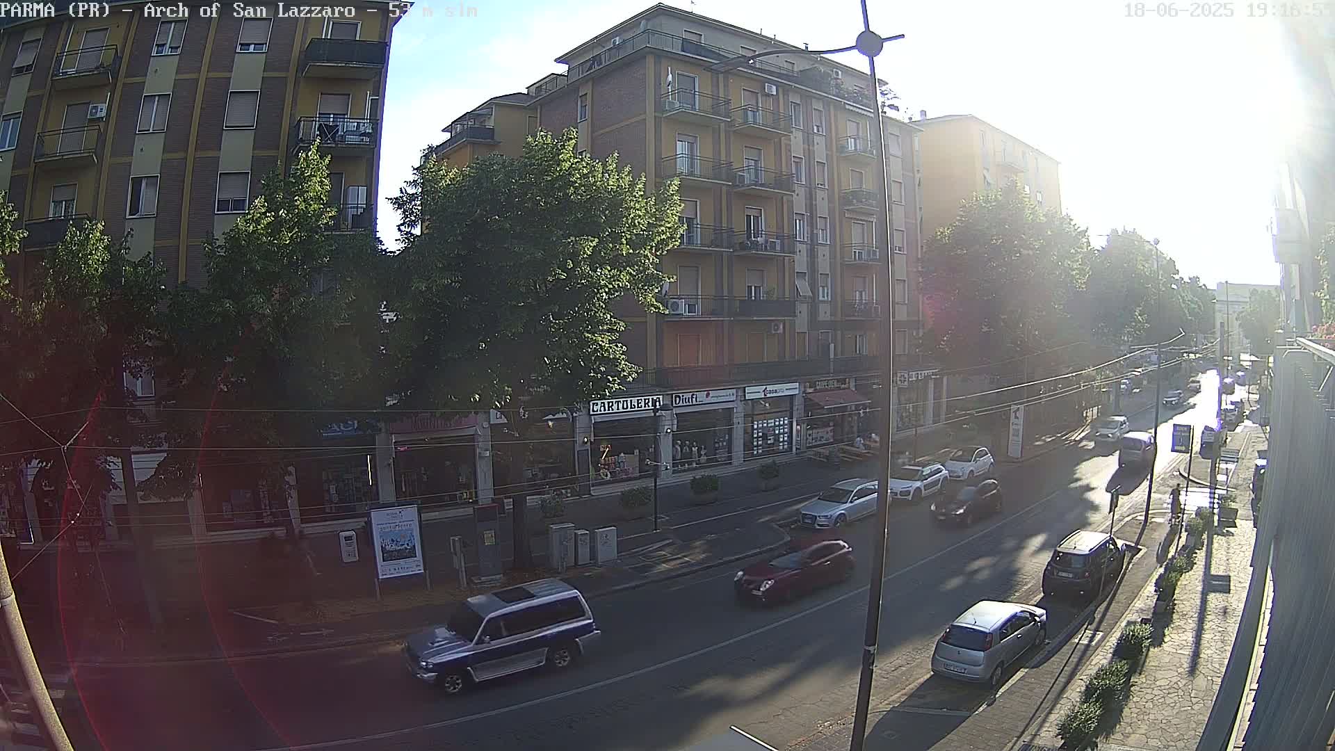 A sunny street scene shows a multi-story building with shops on the ground floor, several cars driving along a roadway, and trees lining the street.