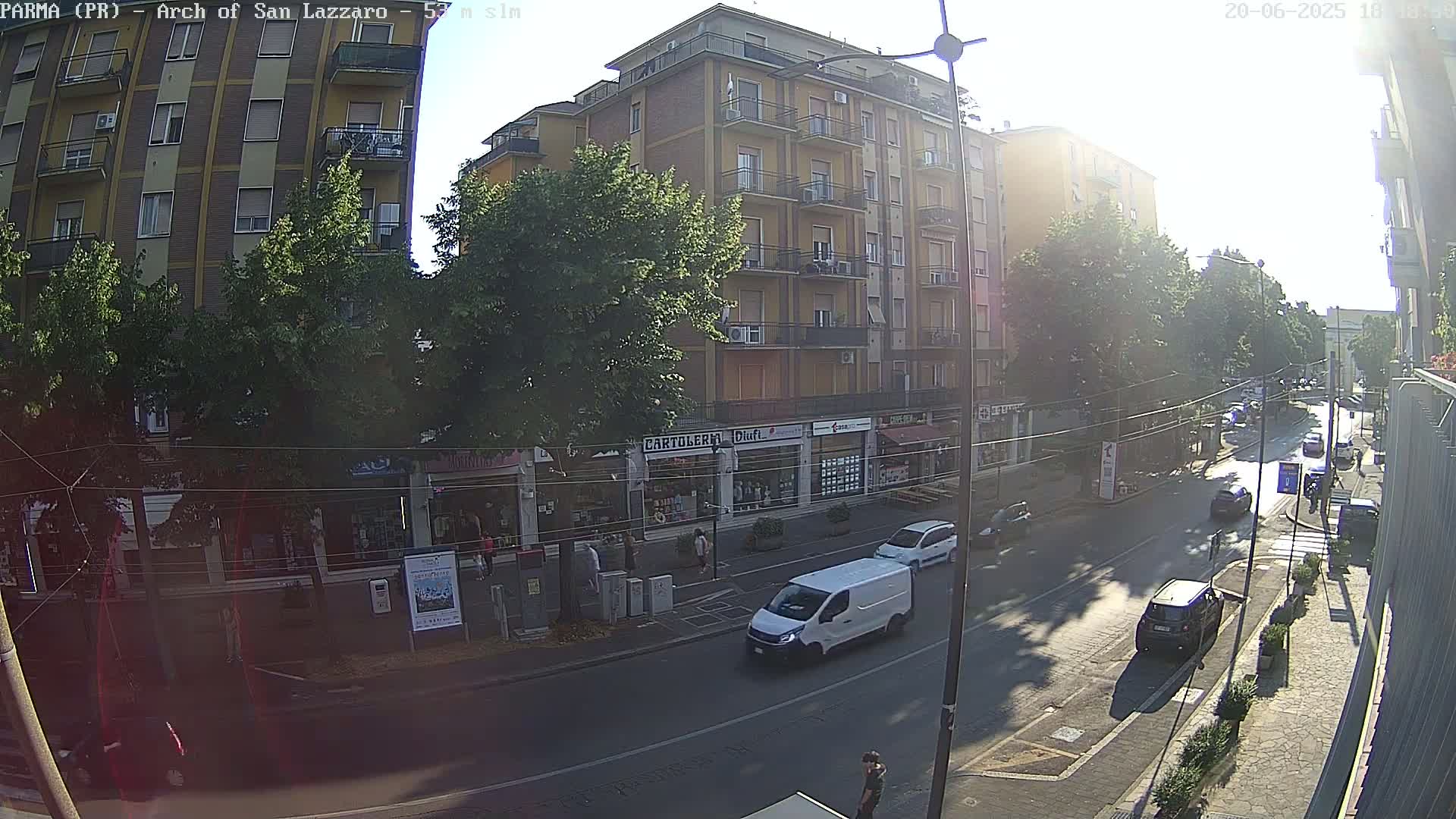 A sunny street scene shows a multi-story building, shops, vehicles, and pedestrians on a city street lined with trees.