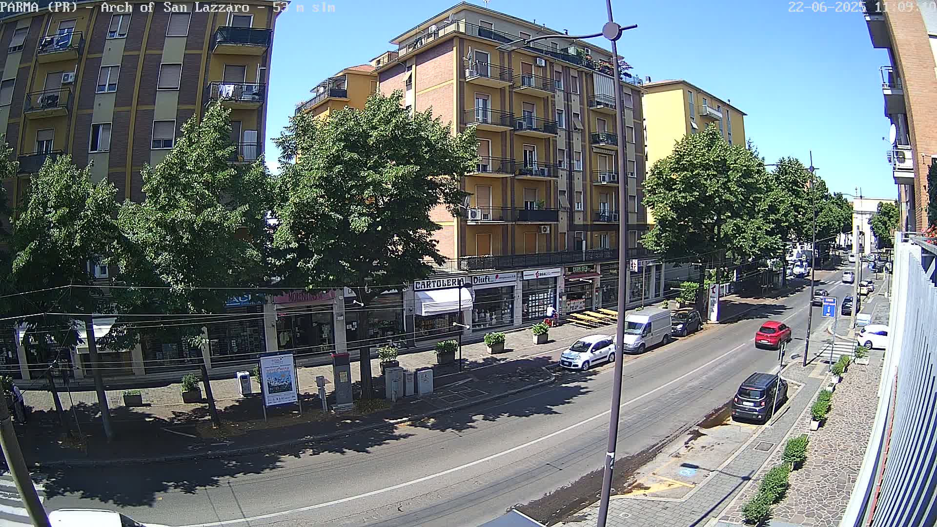 A sunny street scene shows a multi-story building and several shops along a roadway with cars parked and driving, with green trees lining the sidewalks.