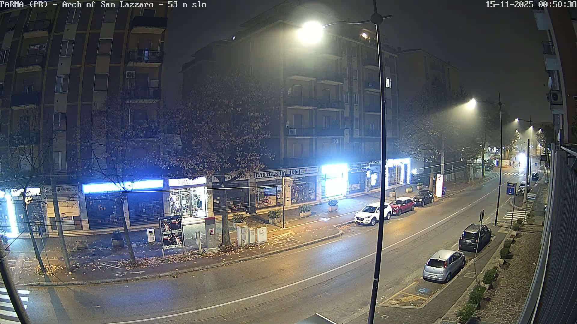 A misty urban street at night is brightly illuminated by numerous streetlights and glowing storefronts, revealing several parked cars, bare trees, and multi-story buildings lining the damp road.