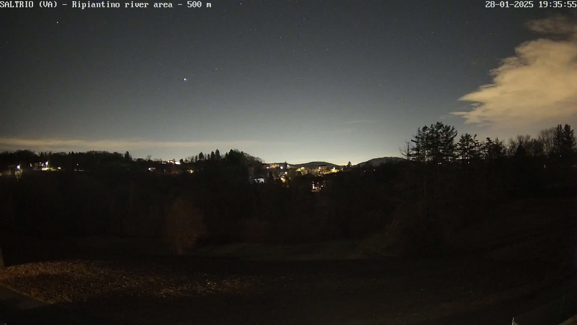 A nighttime view of a sparsely lit town nestled among dark trees under a mostly clear sky with a few clouds.