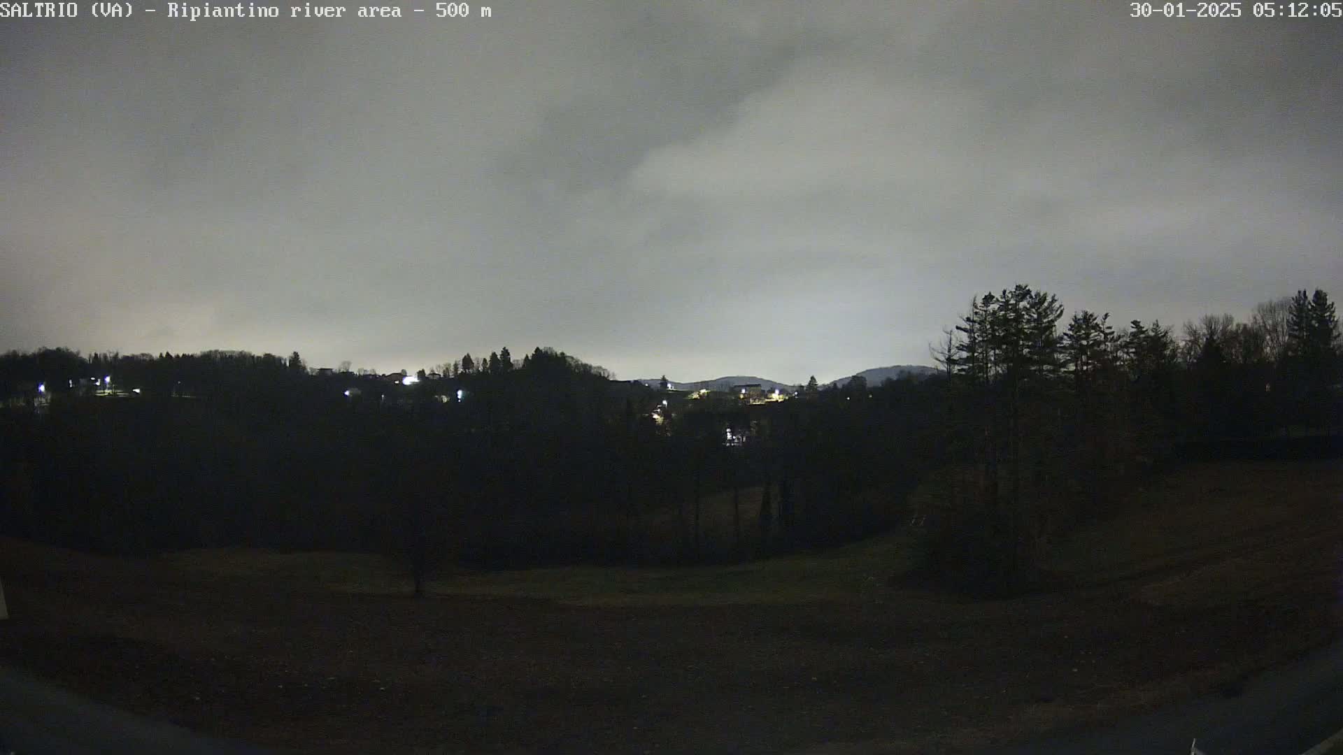 A nighttime view of a dark landscape with sparsely lit buildings and trees under a cloudy, overcast sky.
