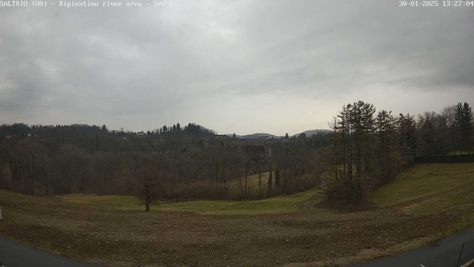A view of a mostly barren landscape with leafless trees and a cloudy sky.