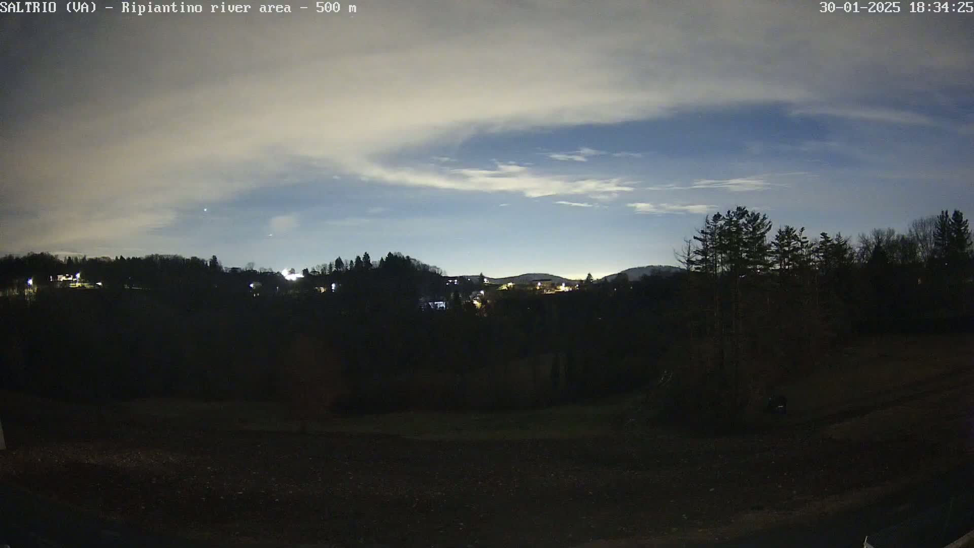 A nighttime view of a dark, tree-filled landscape under a twilight sky with thin clouds.