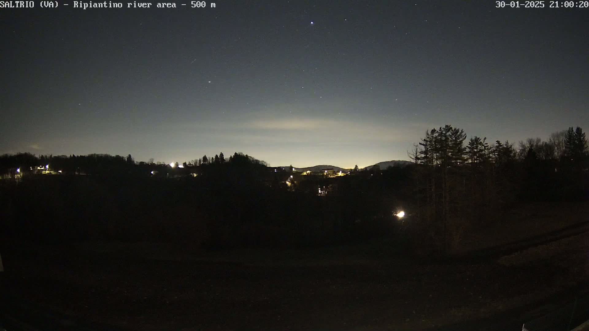 A nighttime view of a dark, sparsely lit landscape with trees and a few distant lights under a mostly clear, starlit sky.