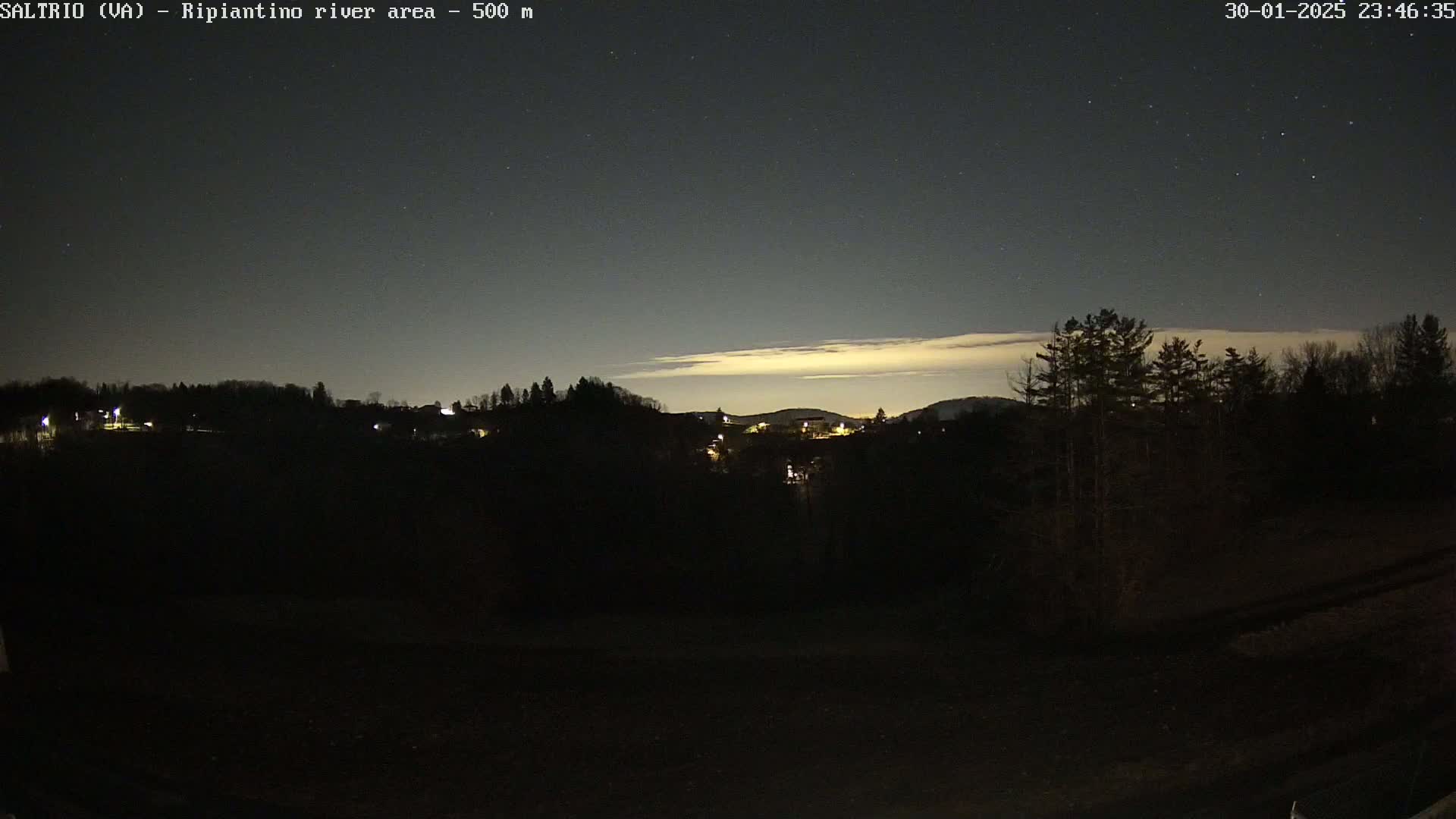 A nighttime view of a dark, tree-lined hillside with a few faint lights visible in the distance under a mostly clear, starry sky.