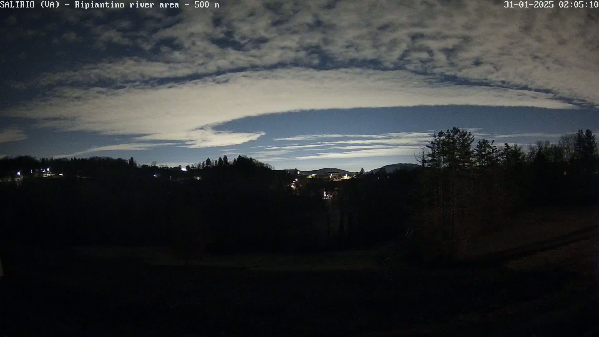 A nighttime view of a dark, tree-lined landscape under a mostly cloudy sky with a band of lighter clouds near the horizon.
