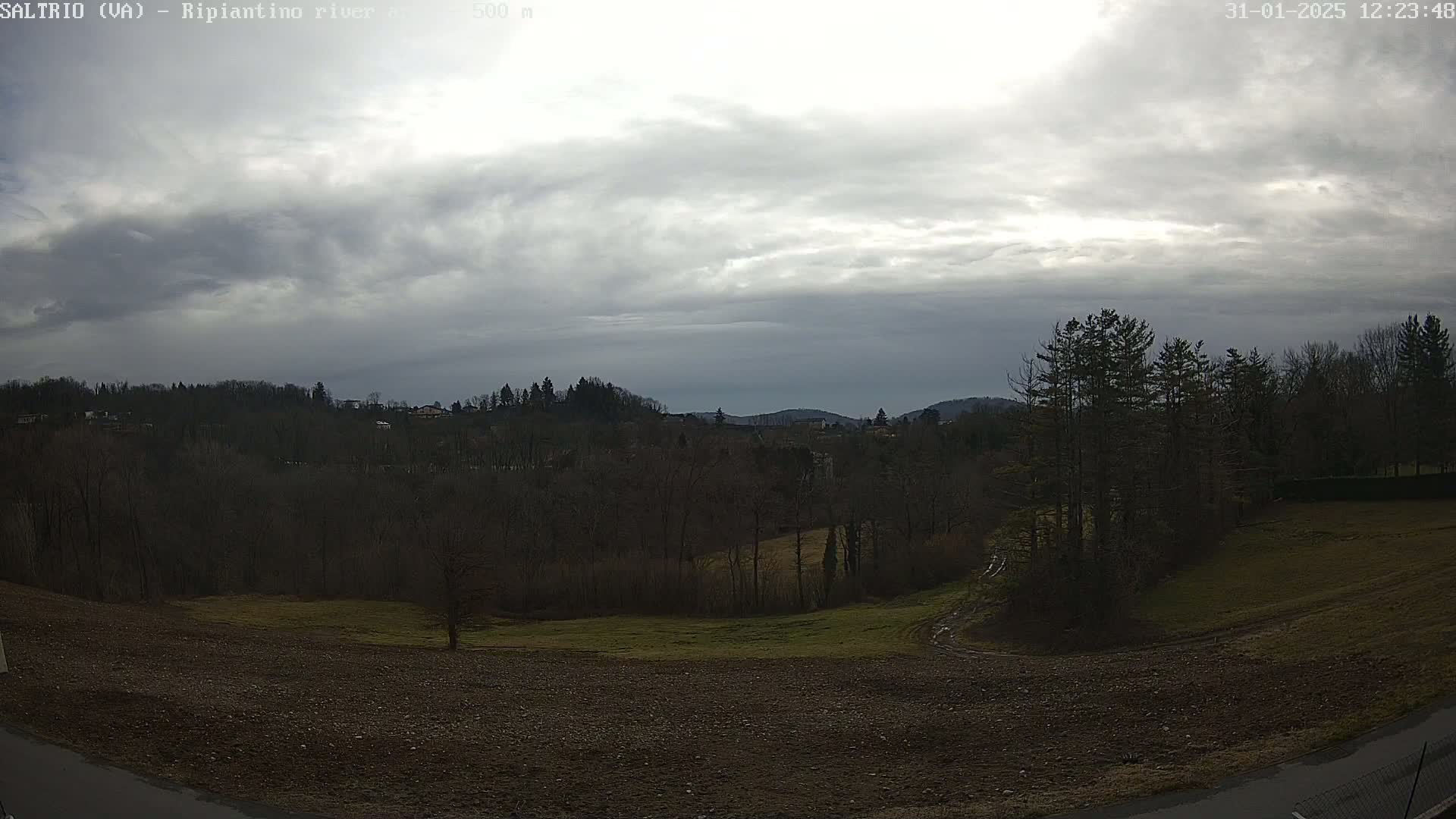 A view of a dark, overcast sky over a mostly barren, brown field and a line of dark green trees leading to a distant, tree-covered hill.