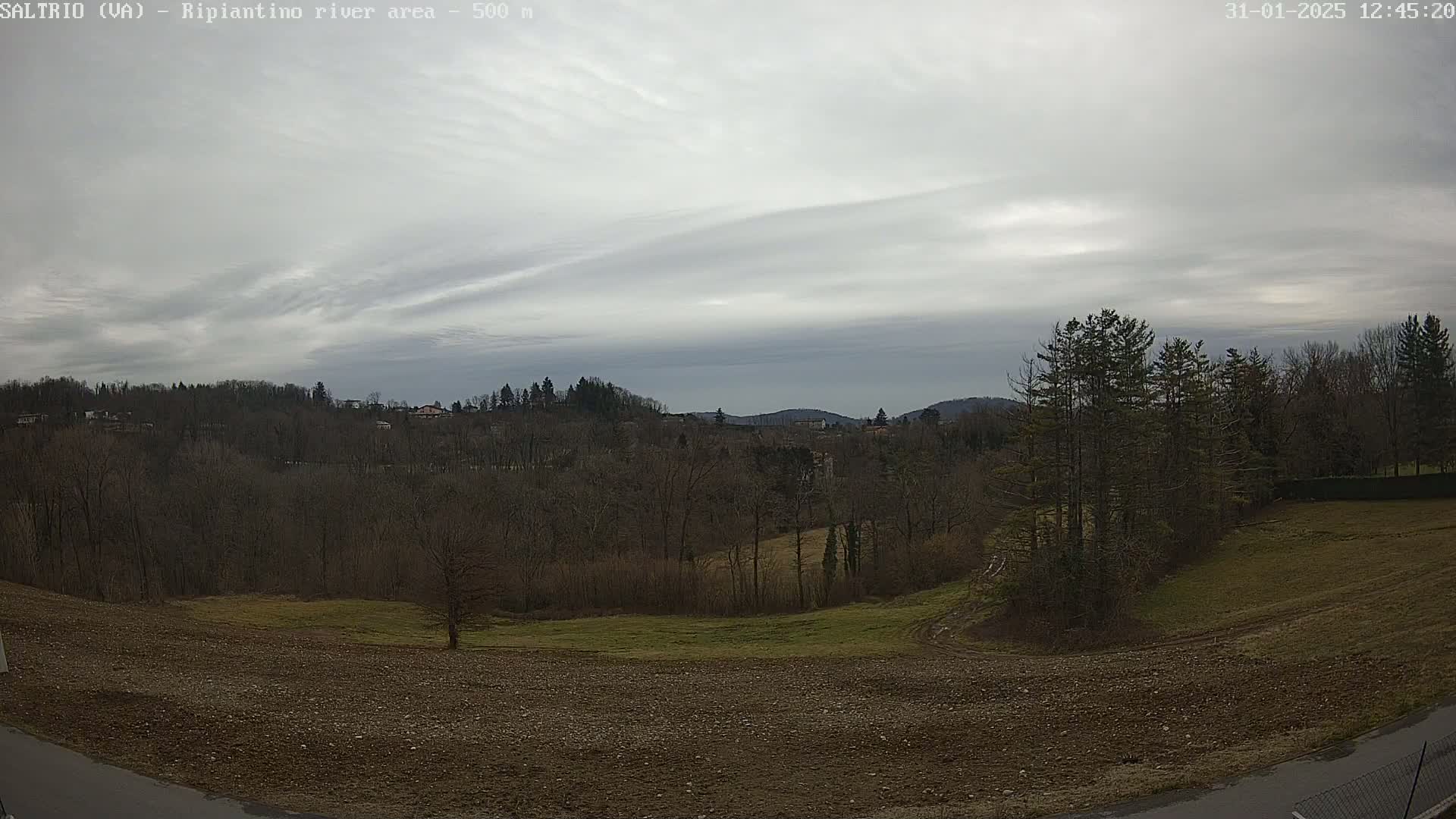 A view of a plowed field and leafless trees under a cloudy sky, with hills and distant buildings in the background.