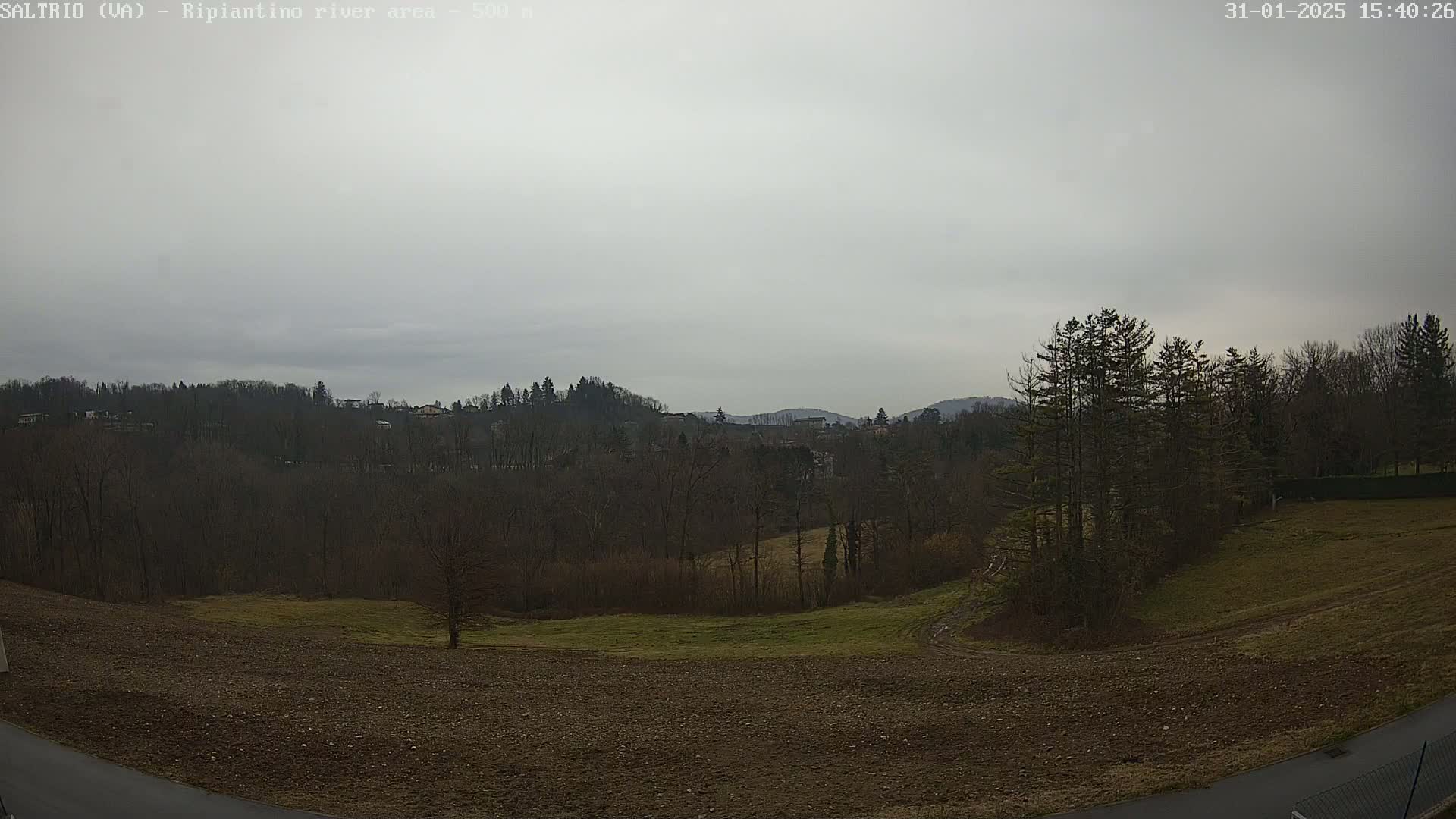 A mostly barren, plowed field slopes down to a line of bare, deciduous trees and hills under a gray, overcast sky.