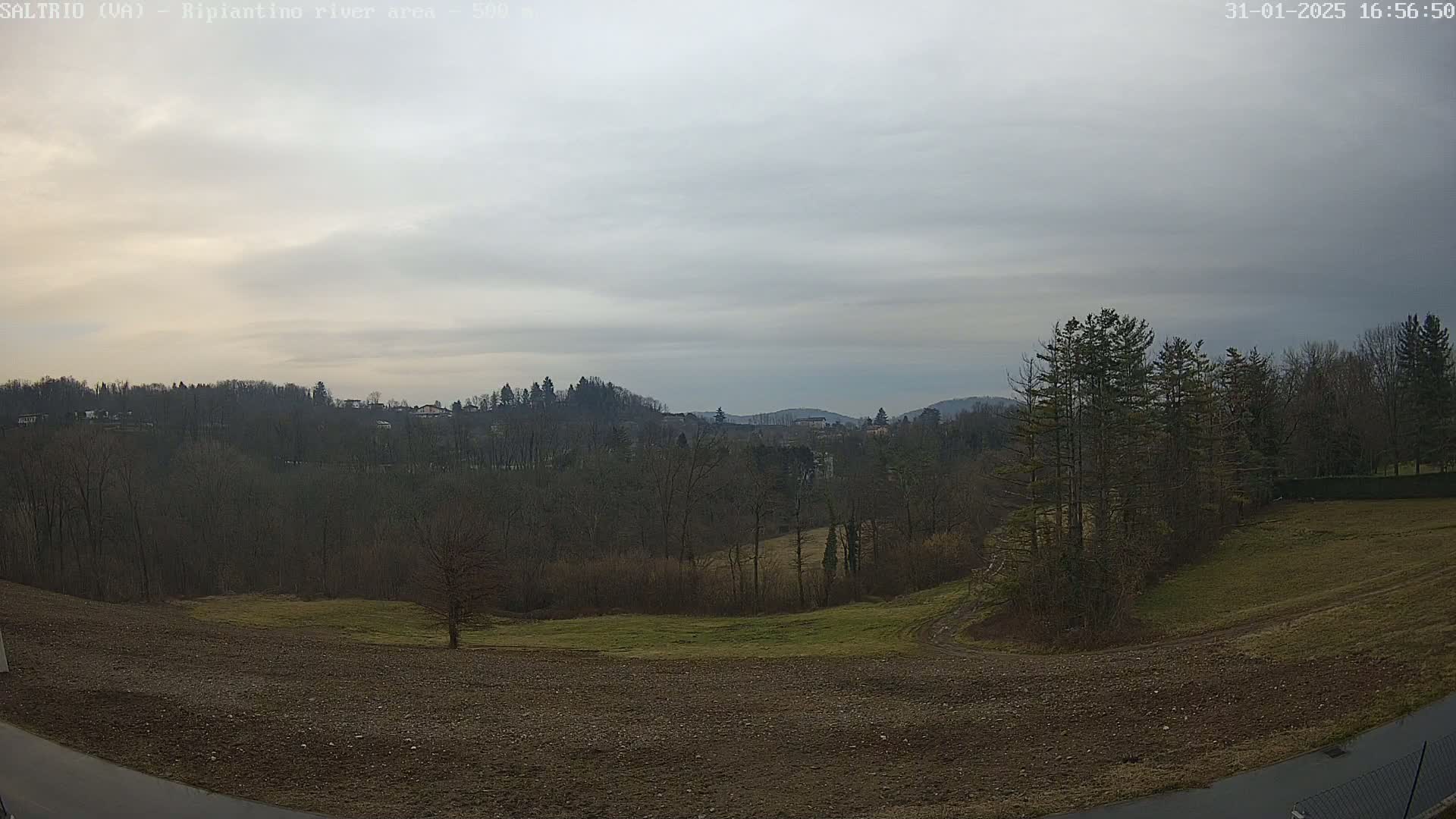 A mostly overcast sky overlooks a gently sloping field, bare winter trees, and distant hills.