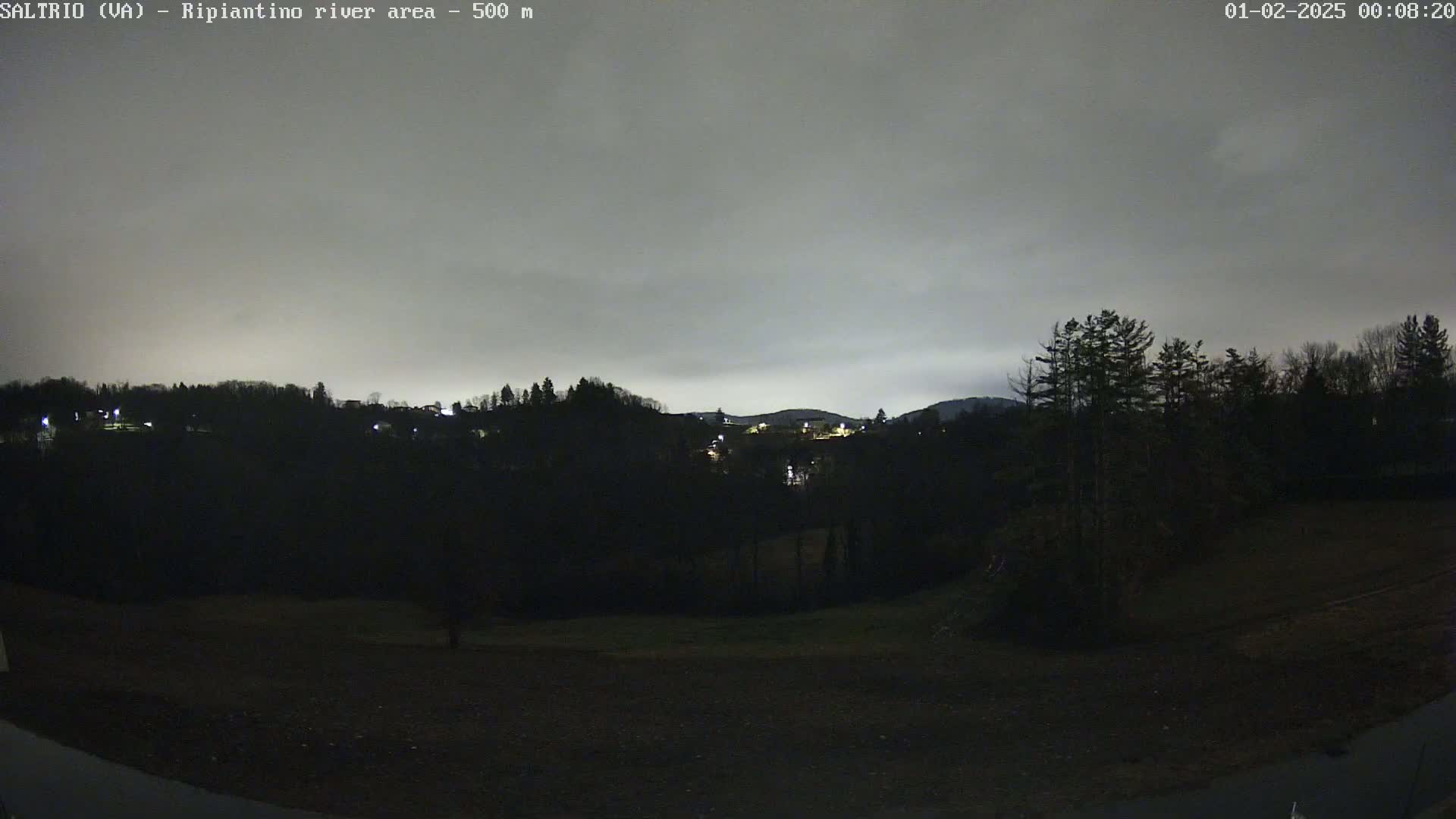 A nighttime view of a dark, tree-lined hillside under a cloudy sky shows a few distant lights.